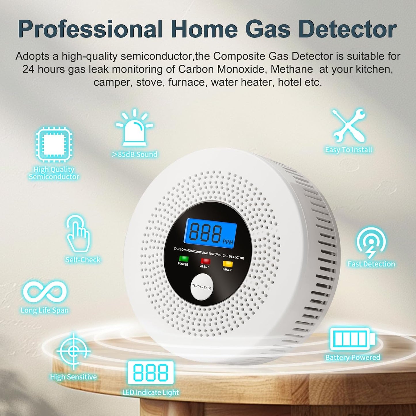 Natural Gas and Carbon Monoxide Detector 100% Battery-Powered CO&CH4 with LED Display and Audible Visual Alerts Methane Leak Sensor for Home RV Kitchen Apartment Safety (Includes Batteries)