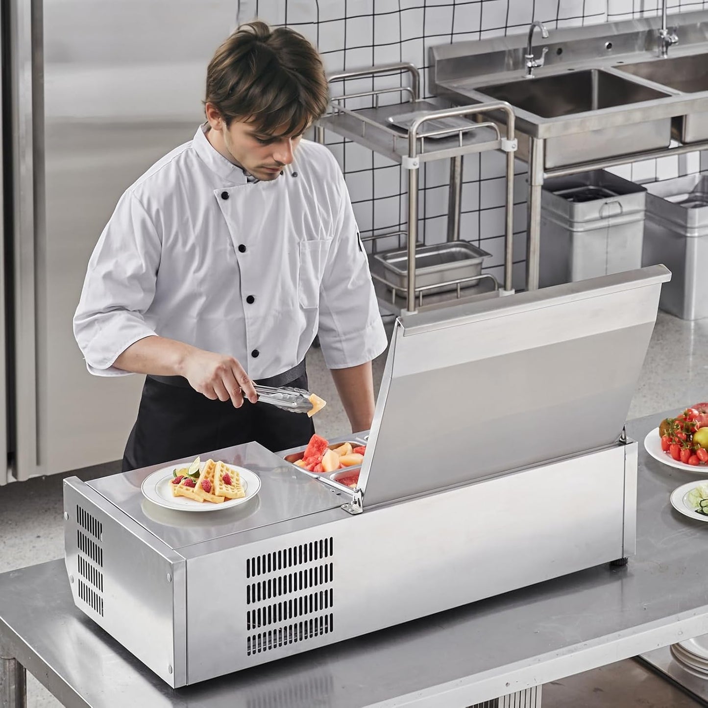 Refrigerated Condiment Prep Station, 135 W Countertop Refrigerated Condiment Station, with 2 1/3 Pans & 4 1/6 Pans, 304 Stainless Body and PC Lid, Sandwich Prep Table with Stainless Guard, ETL