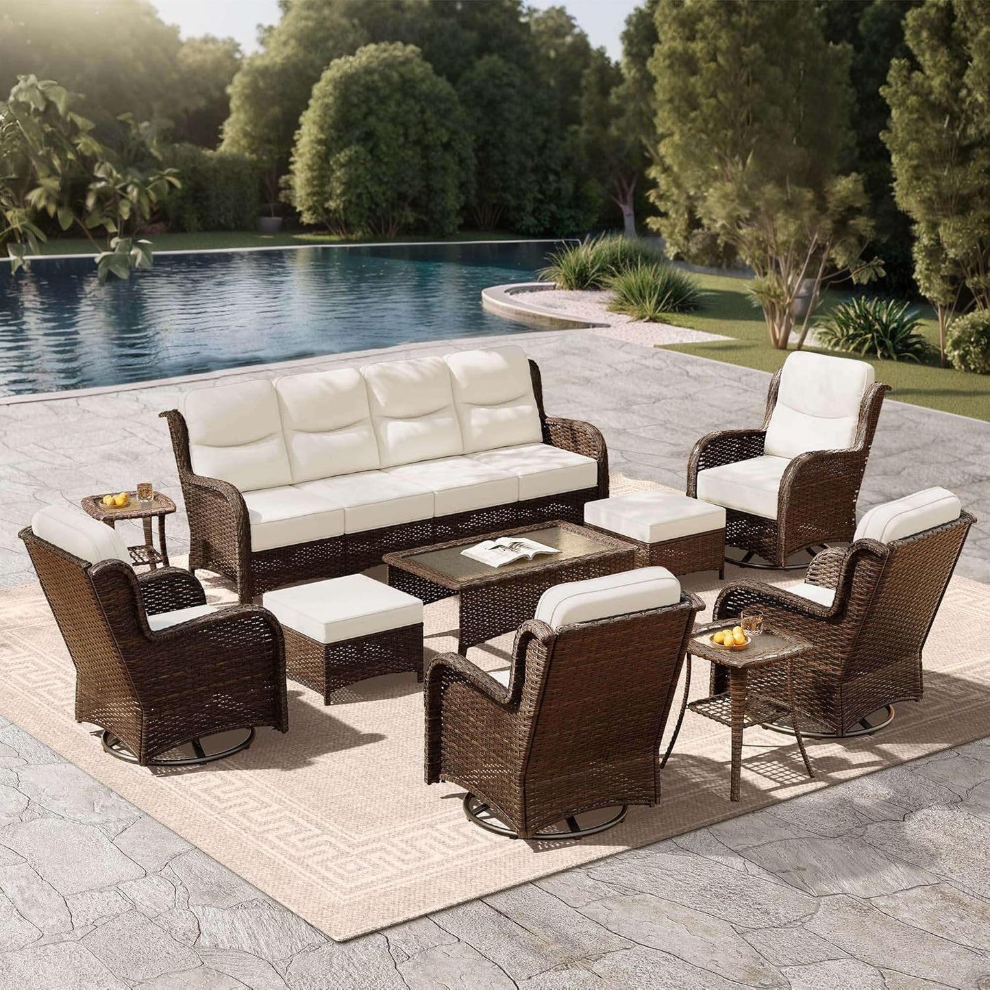 Outdoor Swivel Rocker Patio Chairs with 6-Inch Thick Cushions and Side Table, 3PCS High Back Wicker Patio Furniture Set for Porch, Balcony, Deck and Yard in Blue