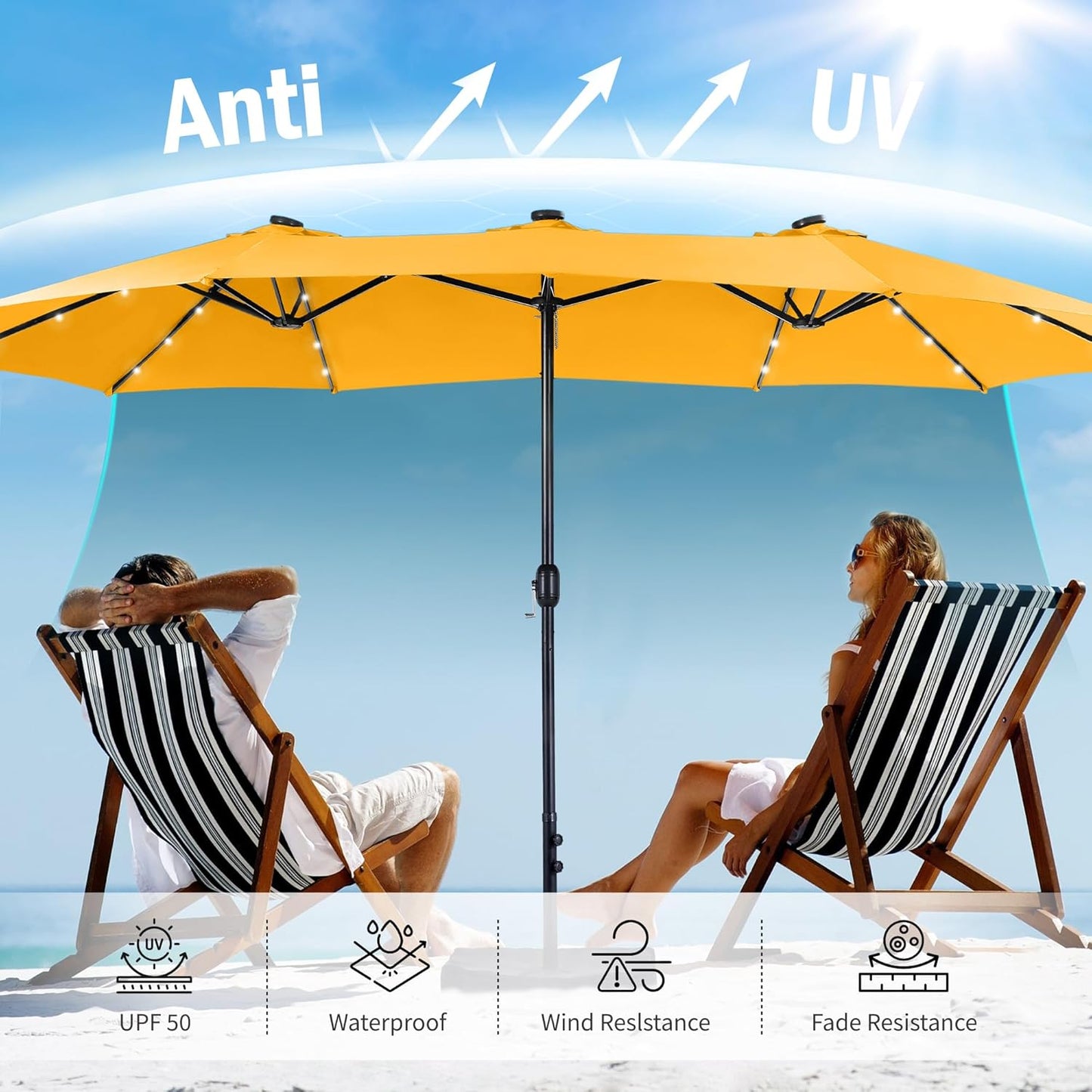 15ft Double Sided Patio Umbrella with Solar Lights, Outdoor Large Umbrellas with Crank Handle and 36 LED Lights, Rectangular Market Umbrella with Base Included for Deck Pool Shade
