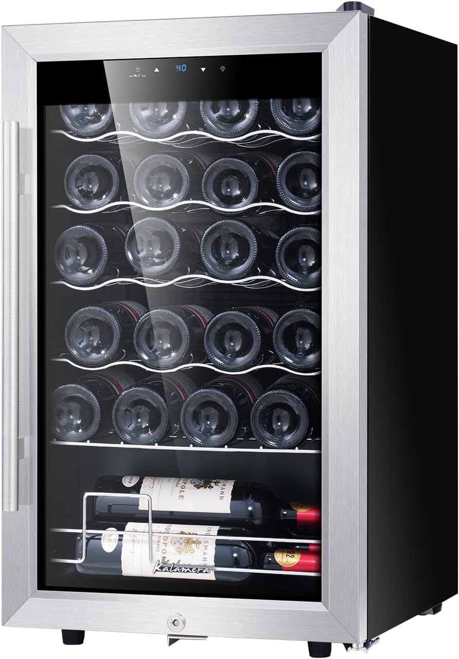 24 inch Wine Cooler, 46 Bottle - Dual Zone Built-in or Freestanding Fridge with Stainless Steel Reversible Glass Door, for Home, Kitchen, or Office.