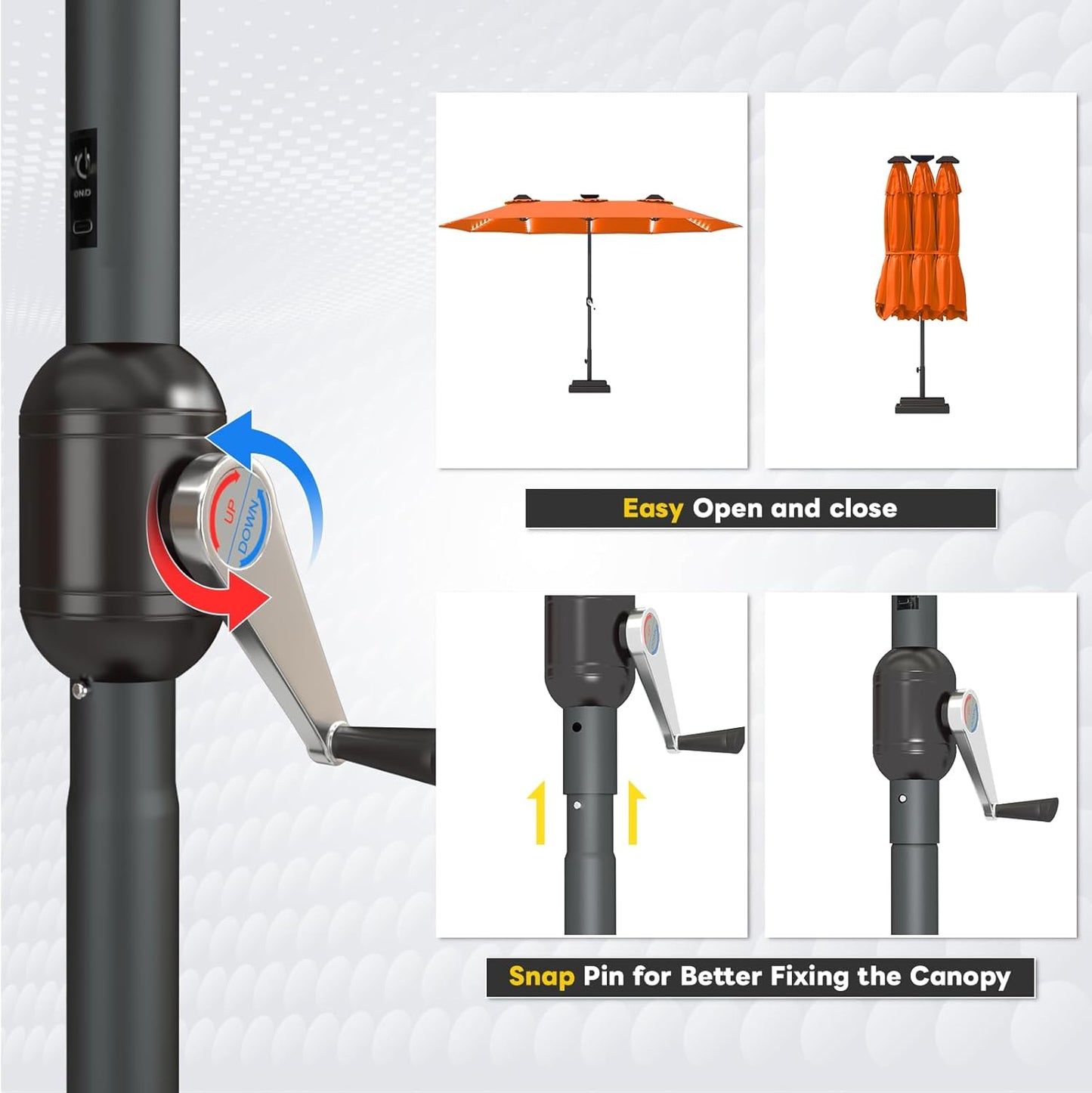 15ft Patio Umbrella with Solar Lights, Large Double Umbrella Outdoor, Rectangle 180''x106'' Umbrellas with 156 PCS LED Lights and Crank Handle for Backyard Deck Pool Shade in Black(1.9" Pole)