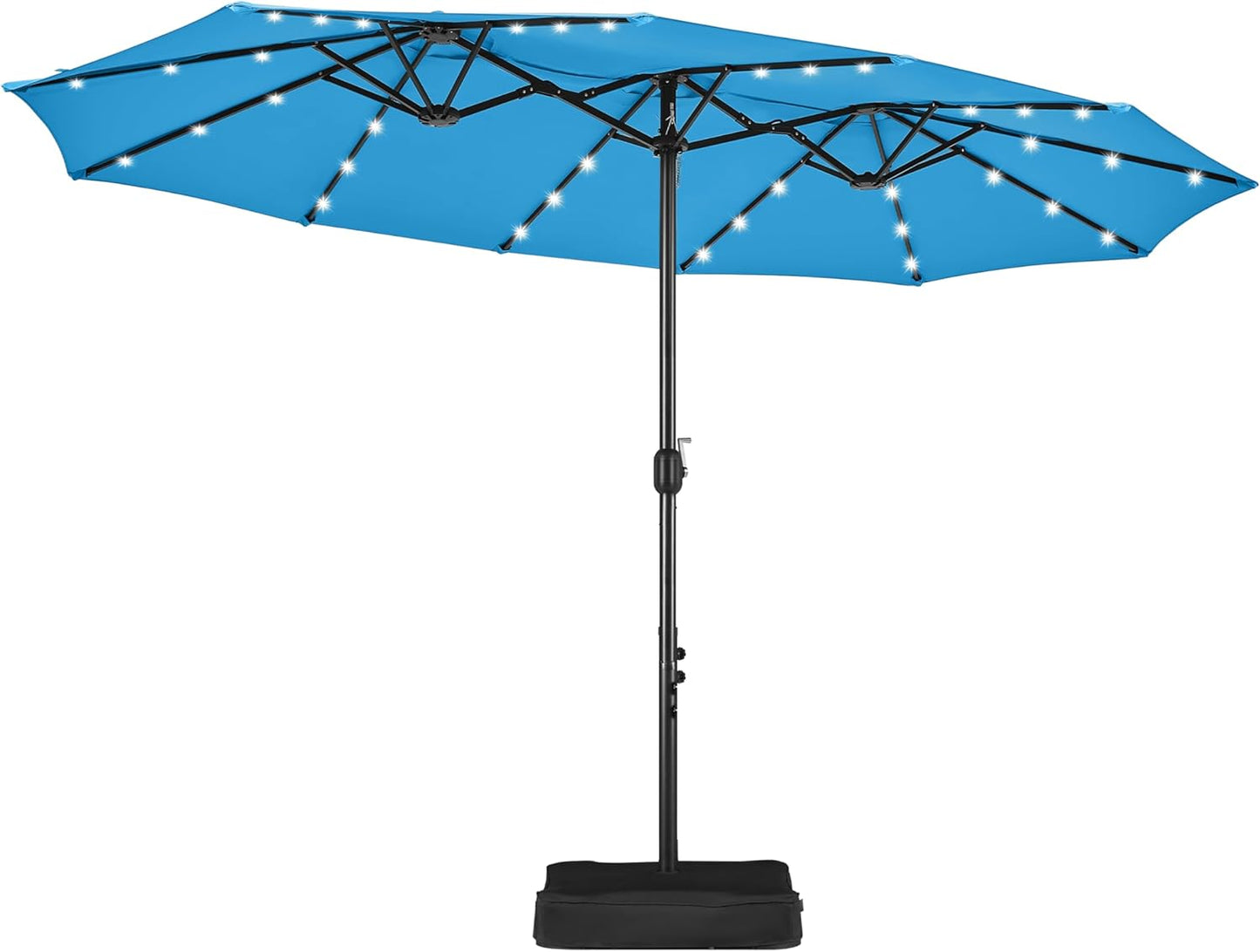 15 ft Large Patio Umbrella with Solar Lights Double-Sided Outdoor Rectangle Market Umbrellas with 36 LED Lights/Base Included/Easy Crank for Patio Garden Yard Pool Lawn, Brown