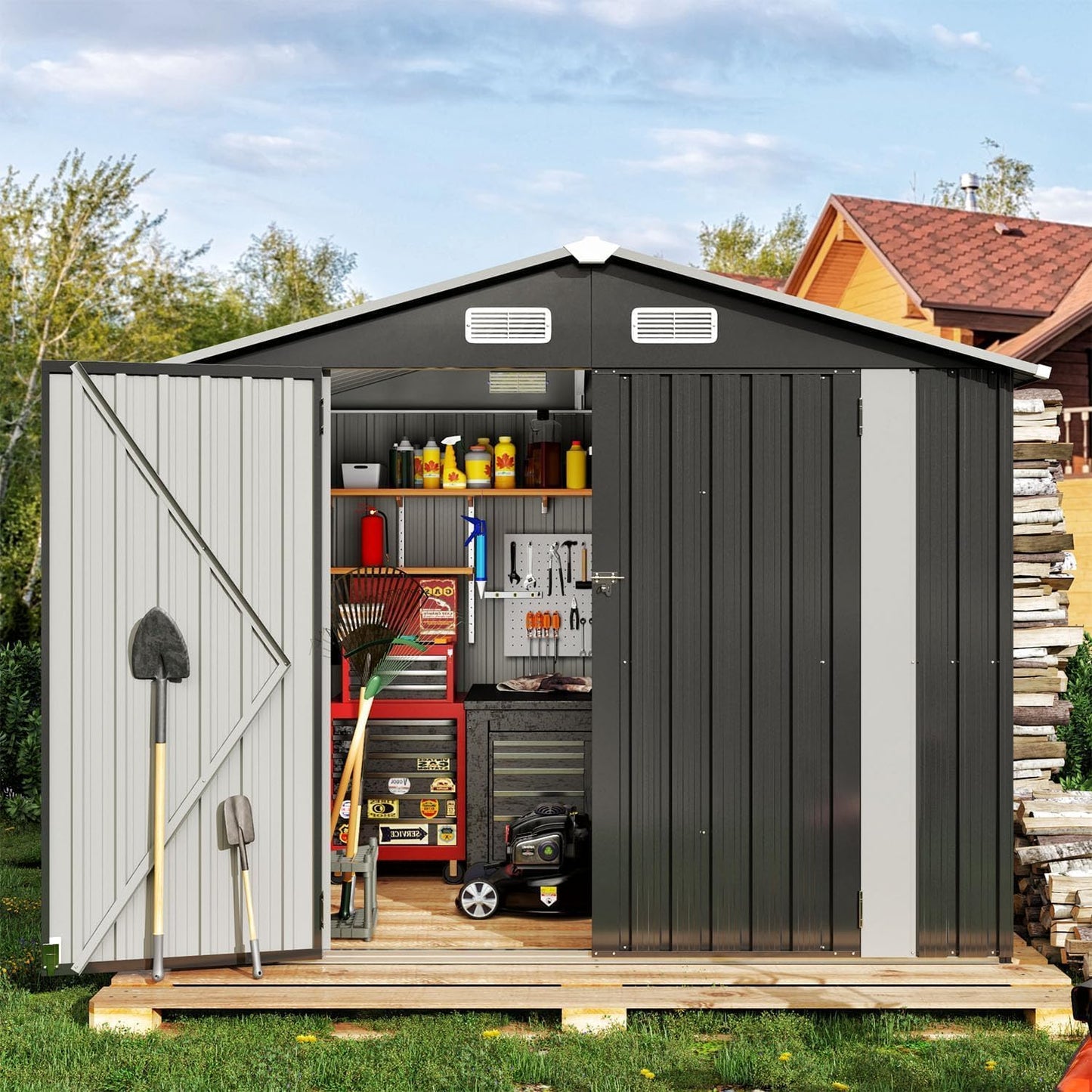 Aoxun 5x2.7 FT Outdoor Metal Storage Shed - Durable Water-Resistant Galvanized Steel, Sloping Roof Design, Lockable Door - Ideal for Tool Storage on Lawn, Patio & Backyard (Black)