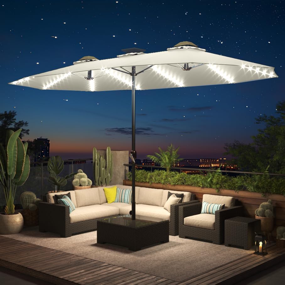 15ft Patio Umbrella with Solar Lights, Large Double Umbrella Outdoor, Rectangle 180''x106'' Umbrellas with 156 PCS LED Lights and Crank Handle for Backyard Deck Pool Shade in Black(1.9" Pole)