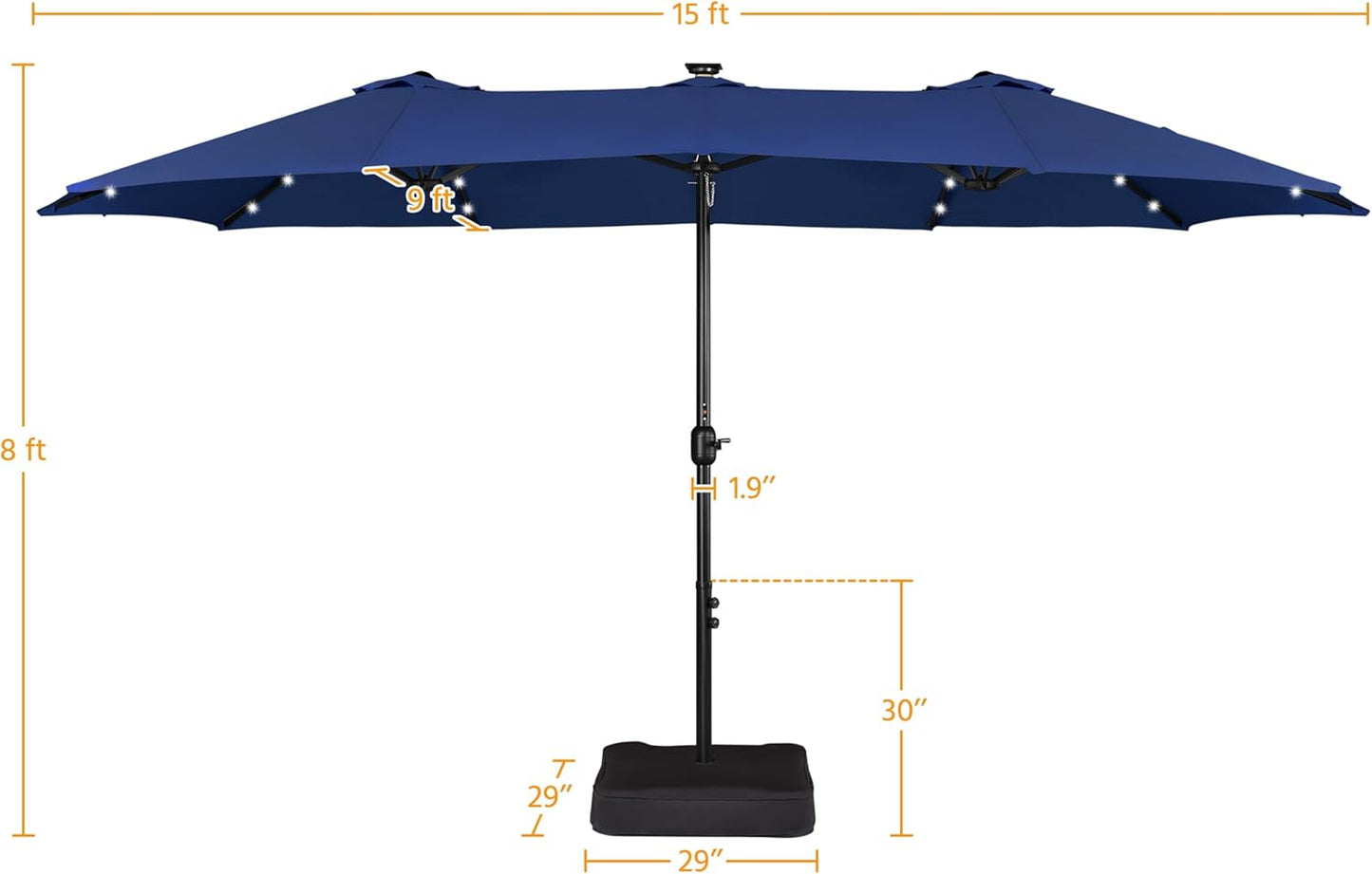15 ft Large Patio Umbrella with Solar Lights Double-Sided Outdoor Rectangle Market Umbrellas with 36 LED Lights/Base Included/Easy Crank for Patio Garden Yard Pool Lawn, Brown
