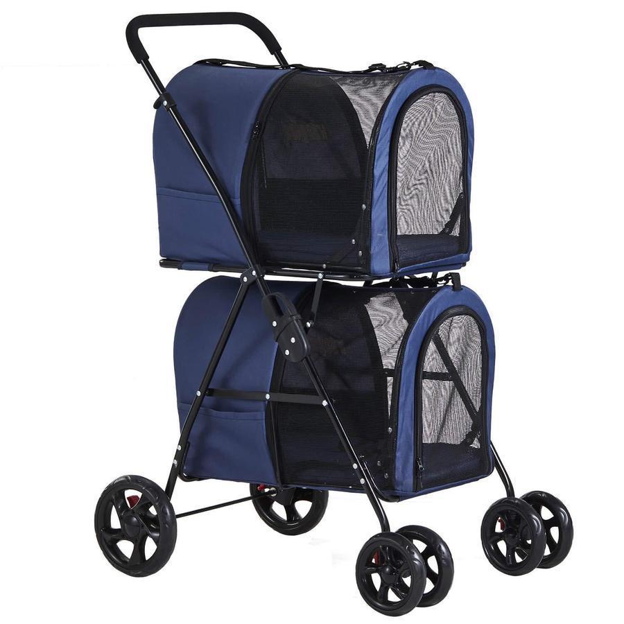 42 Double Pet Stroller for 2 Dogs & Cats,4 Wheels Dog Strollers Folding Travel Cat Stroller with Suspension System,Navy Blue