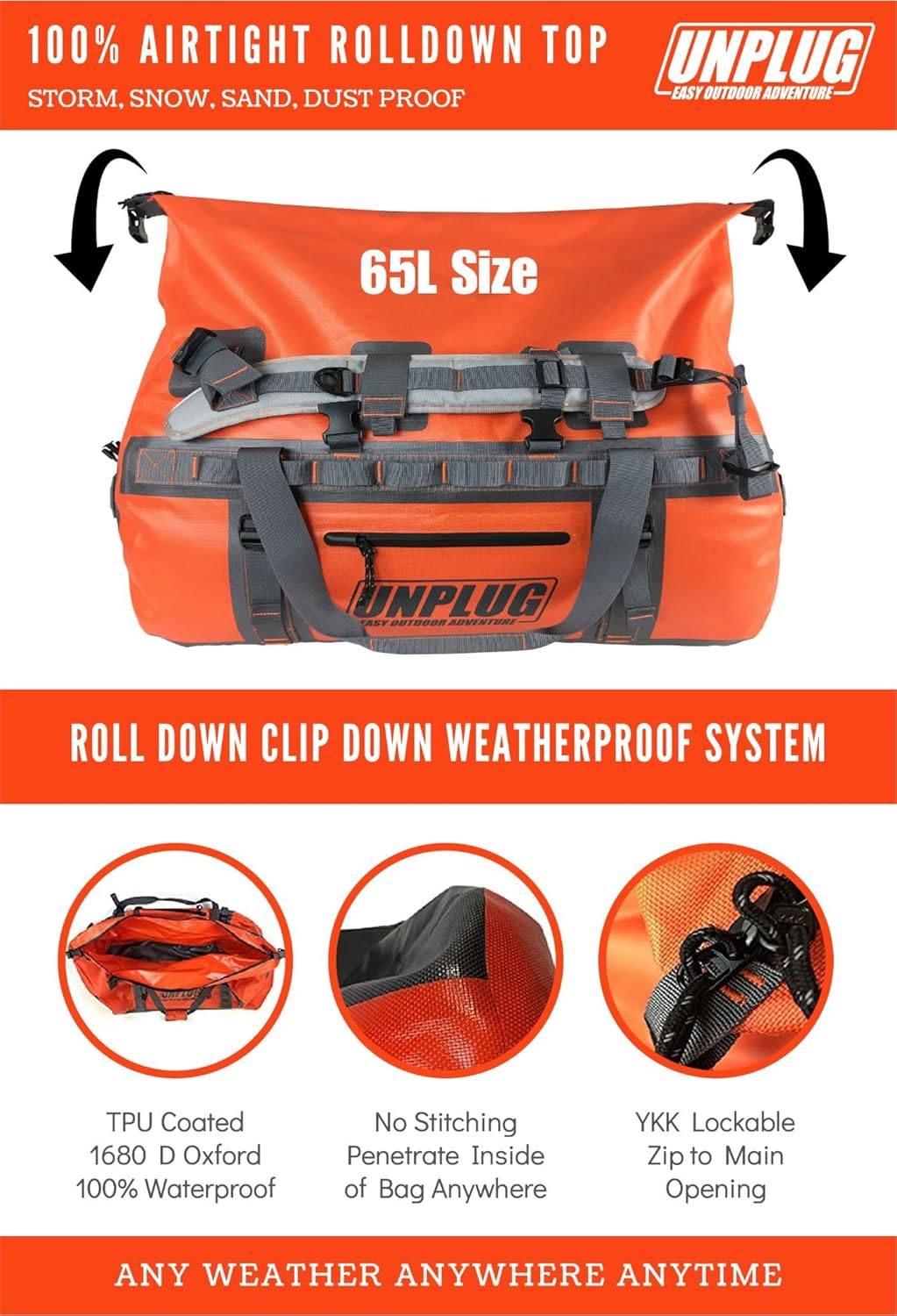 UNPLUG Ultimate Adventure Bag -1680D Heavy Duty Waterproof Travel Duffel Bags for Camping, Motorcycle Dry Bag, Waterproof Bags for Boating, Waterproof Duffle Backpack,Tactical Duffle Bag