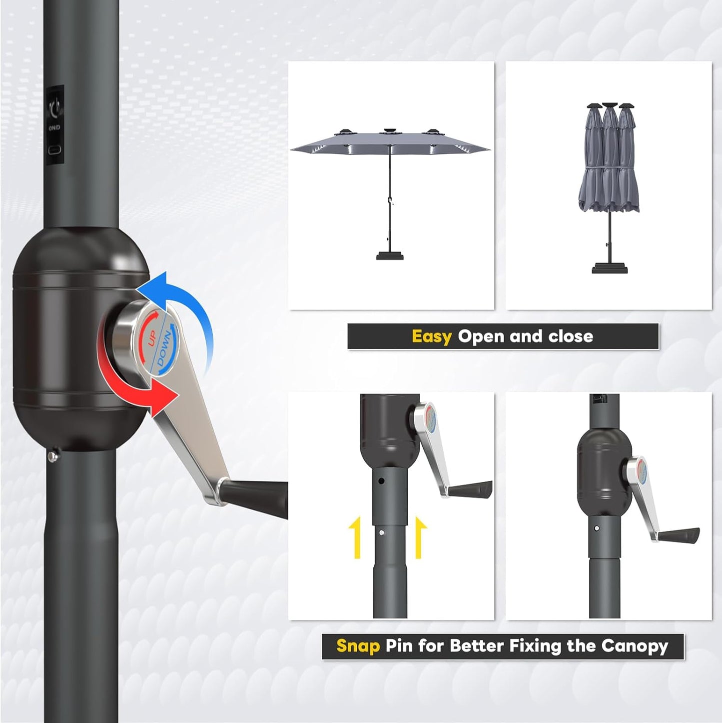 15ft Patio Umbrella with Solar Lights, Large Double Umbrella Outdoor, Rectangle 180''x106'' Umbrellas with 156 PCS LED Lights and Crank Handle for Backyard Deck Pool Shade in Black(1.9" Pole)