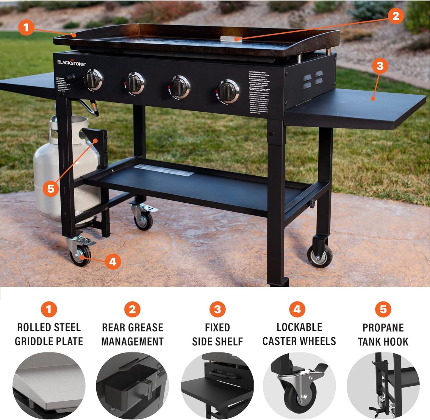 36" Gas Griddle Cooking Station 4 Burner Flat Top Gas Grill Propane Fueled Restaurant Grade Professional 36" Outdoor Griddle Station with Side Stands (1554)