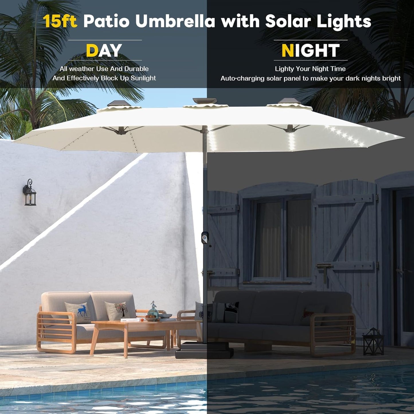 15ft Patio Umbrella with Solar Lights, Large Double Umbrella Outdoor, Rectangle 180''x106'' Umbrellas with 156 PCS LED Lights and Crank Handle for Backyard Deck Pool Shade in Black(1.9" Pole)