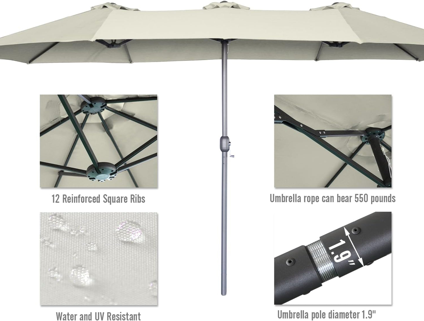 15ft Patio Umbrella with Solar Lights, Large Double Umbrella Outdoor, Rectangle 180''x106'' Umbrellas with 156 PCS LED Lights and Crank Handle for Backyard Deck Pool Shade in Black(1.9" Pole)