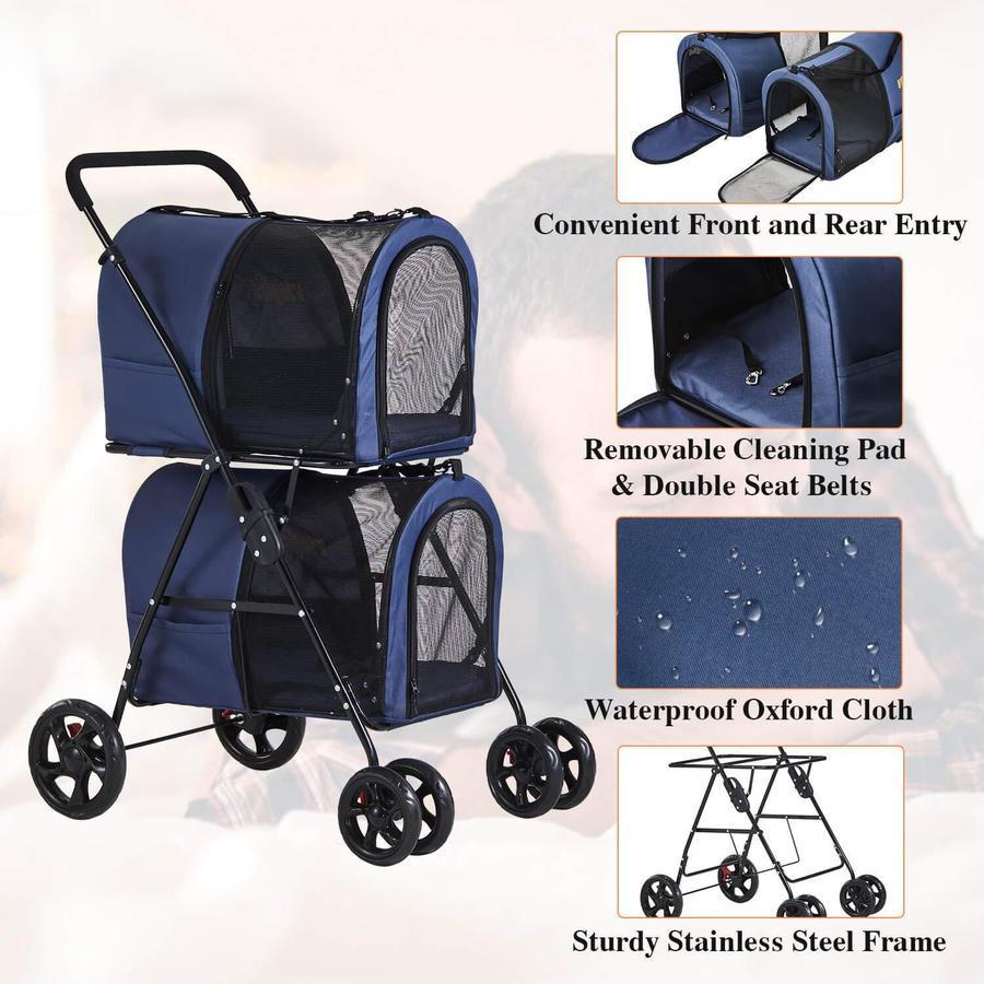 42 Double Pet Stroller for 2 Dogs & Cats,4 Wheels Dog Strollers Folding Travel Cat Stroller with Suspension System,Navy Blue