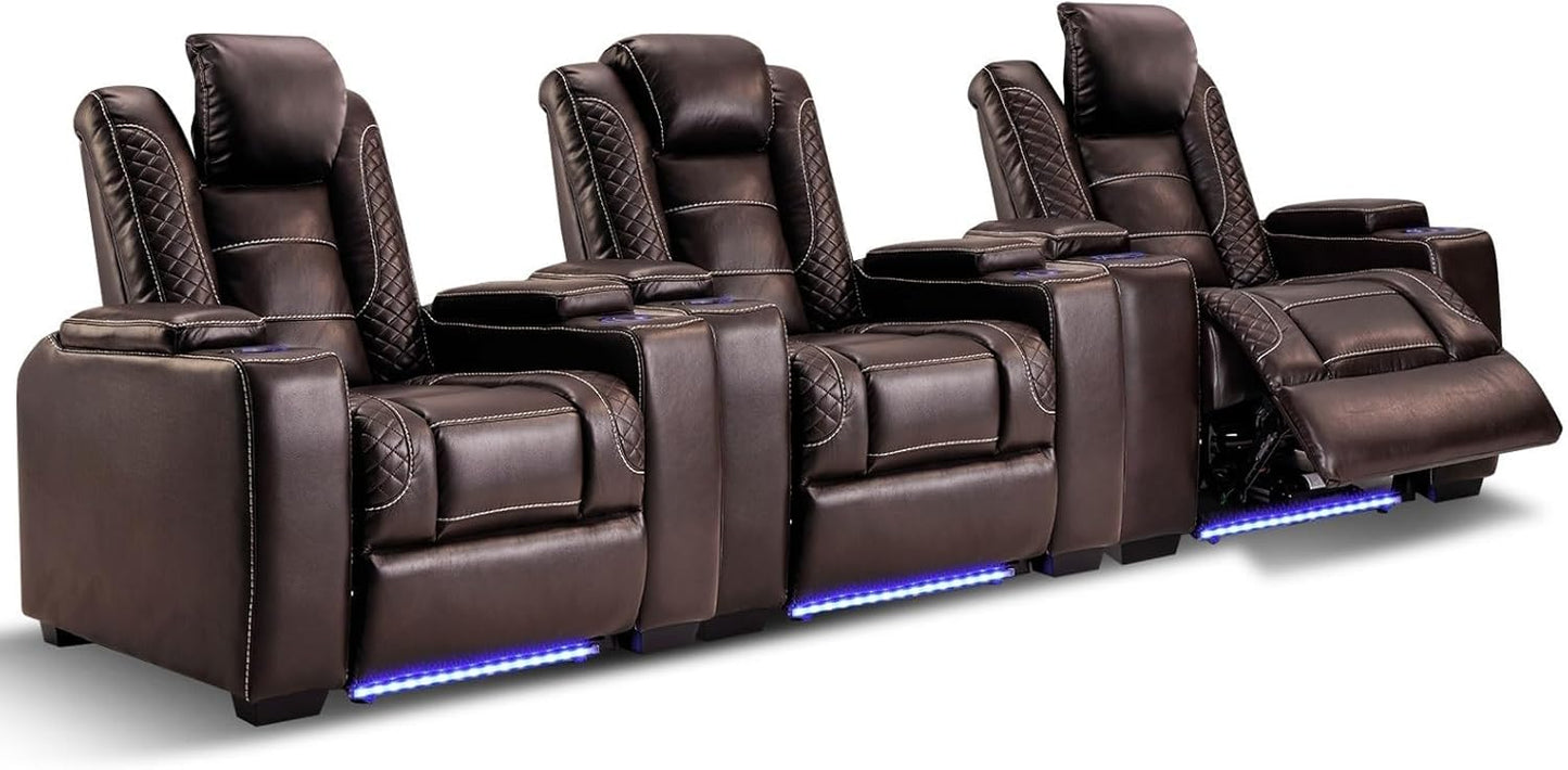 Power Home Theater Seating Set of 3, Brown Faux Leather Electric Recliner Chair with Powered Headrest, Dual Motors Movie Reclining Chairs with LED Lights,USB Port,Cup Holders, Hidden Arm Storage