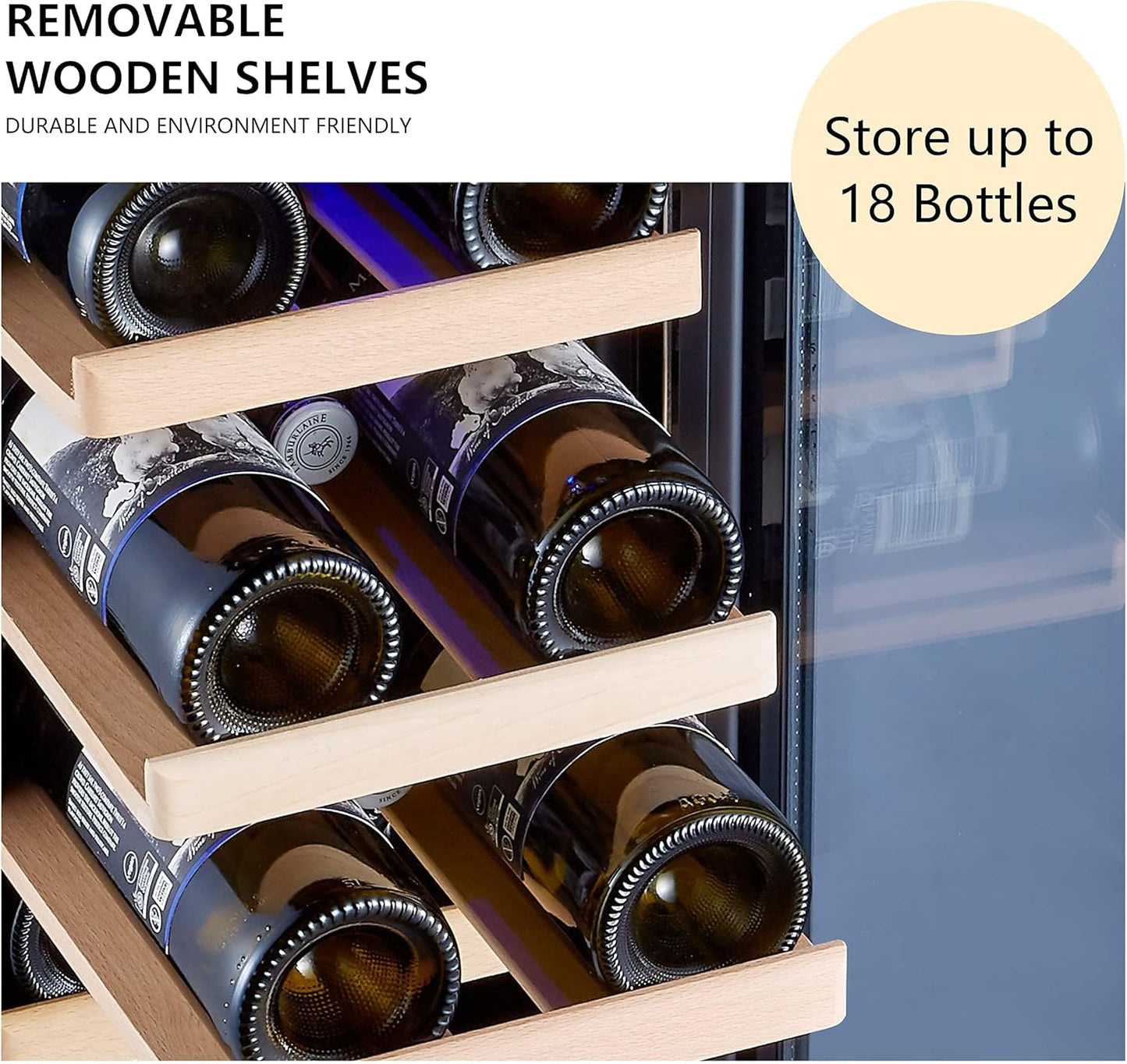 24 inch Wine Cooler, 46 Bottle - Dual Zone Built-in or Freestanding Fridge with Stainless Steel Reversible Glass Door, for Home, Kitchen, or Office.