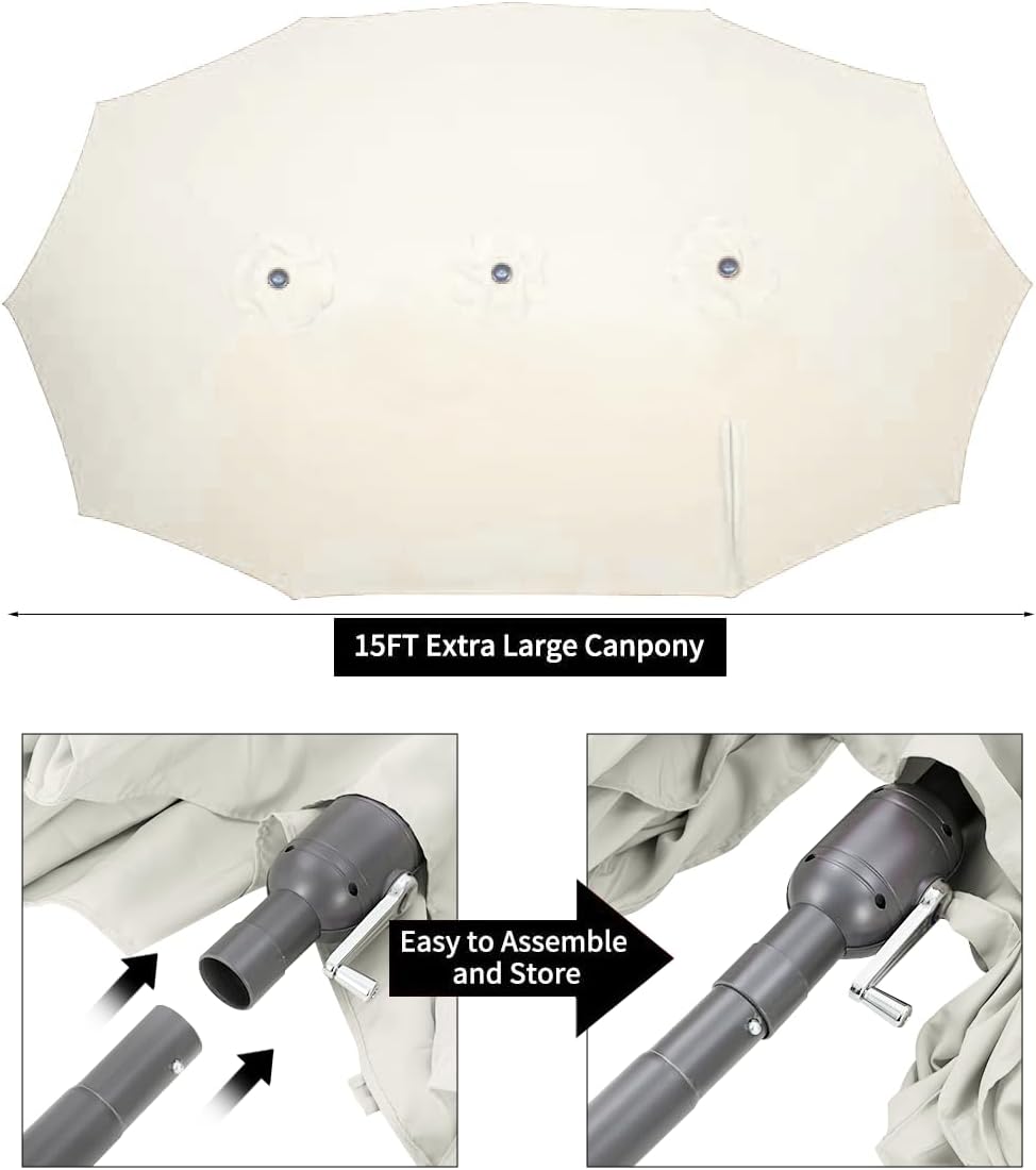 15ft Patio Umbrella with Solar Lights, Large Double Umbrella Outdoor, Rectangle 180''x106'' Umbrellas with 156 PCS LED Lights and Crank Handle for Backyard Deck Pool Shade in Black(1.9" Pole)