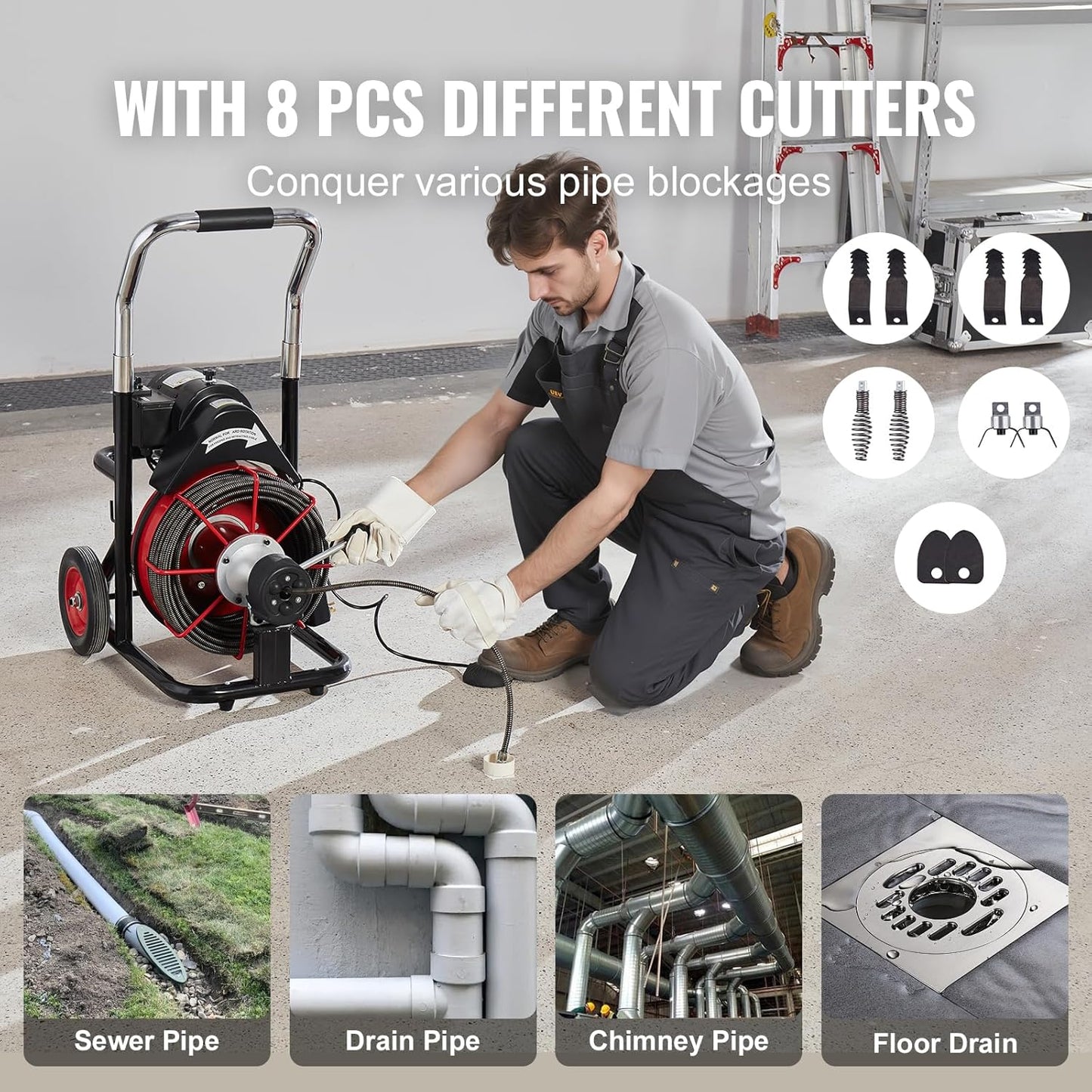 VEVOR Drain Cleaner Machine 100FT x 1/2 Inch, Auto Feed Sewer Snake Auger on Wheels, 550W Portable Drain Cleaning Machine with 8 Cutters & Air-activated Foot Switch for 2" to 4" Pipes