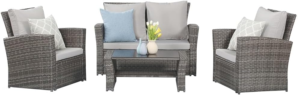 Wisteria Lane 4 Piece Outdoor Patio Furniture Sets, Wicker Conversation Set for Porch Deck, Grey Rattan Sofa Chair with Cushion （Blue