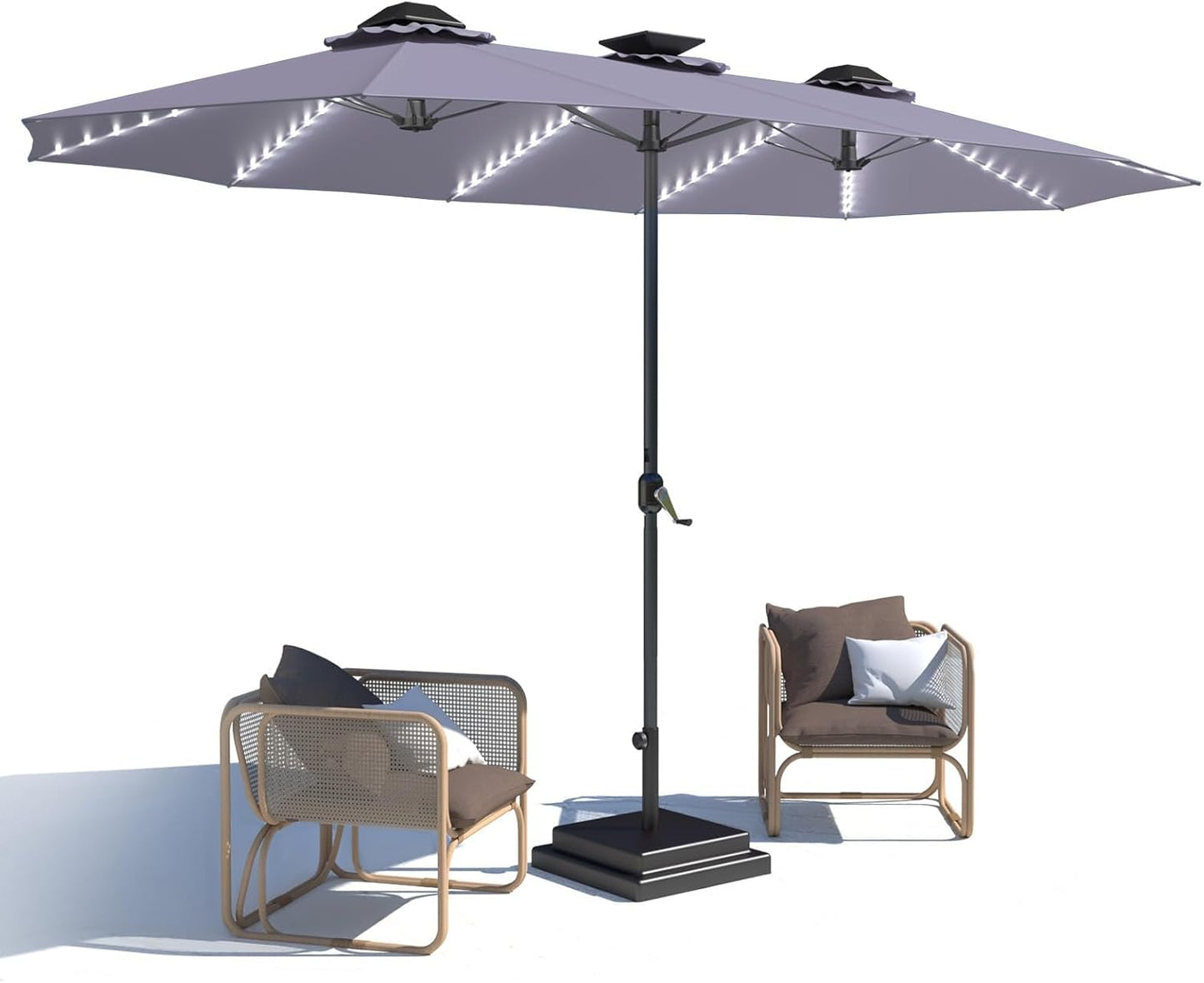 15ft Patio Umbrella with Solar Lights, Large Double Umbrella Outdoor, Rectangle 180''x106'' Umbrellas with 156 PCS LED Lights and Crank Handle for Backyard Deck Pool Shade in Black(1.9" Pole)