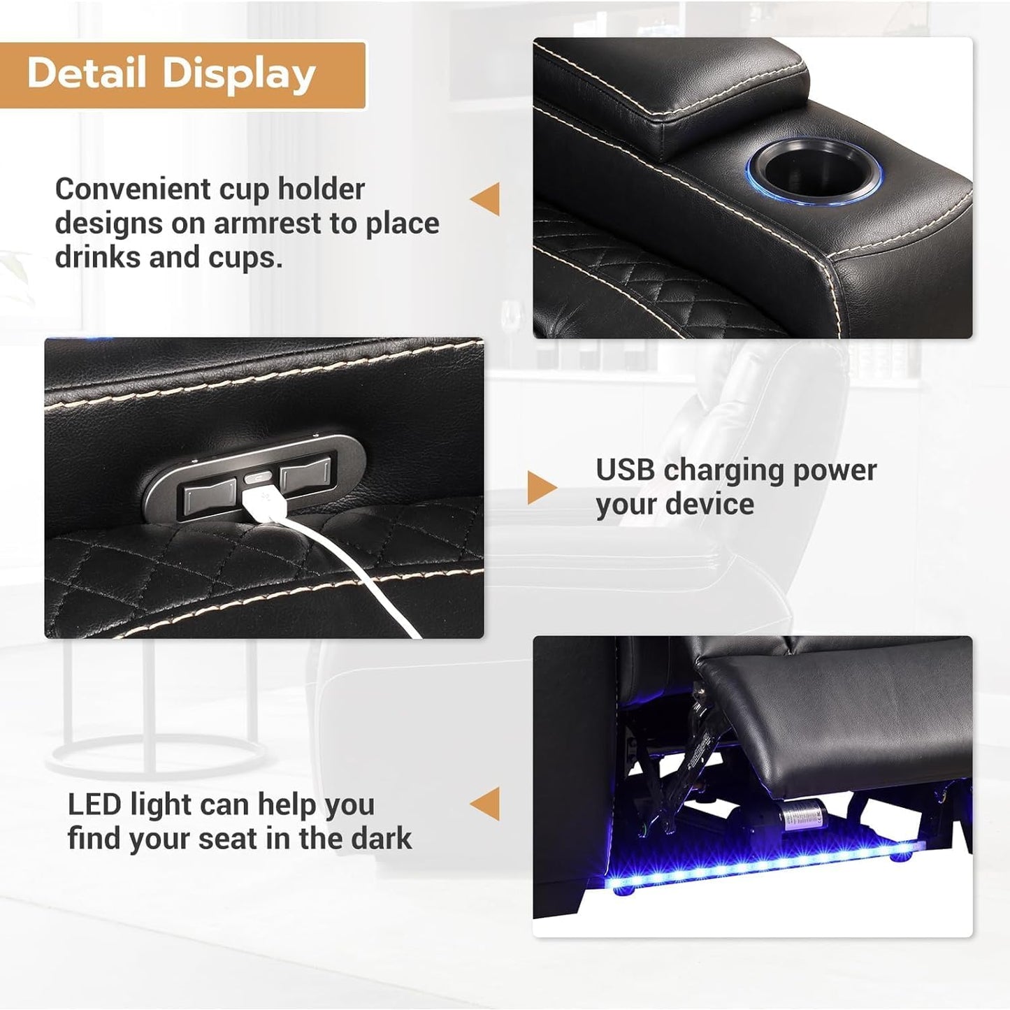 Power Home Theater Seating Set of 3, Brown Faux Leather Electric Recliner Chair with Powered Headrest, Dual Motors Movie Reclining Chairs with LED Lights,USB Port,Cup Holders, Hidden Arm Storage