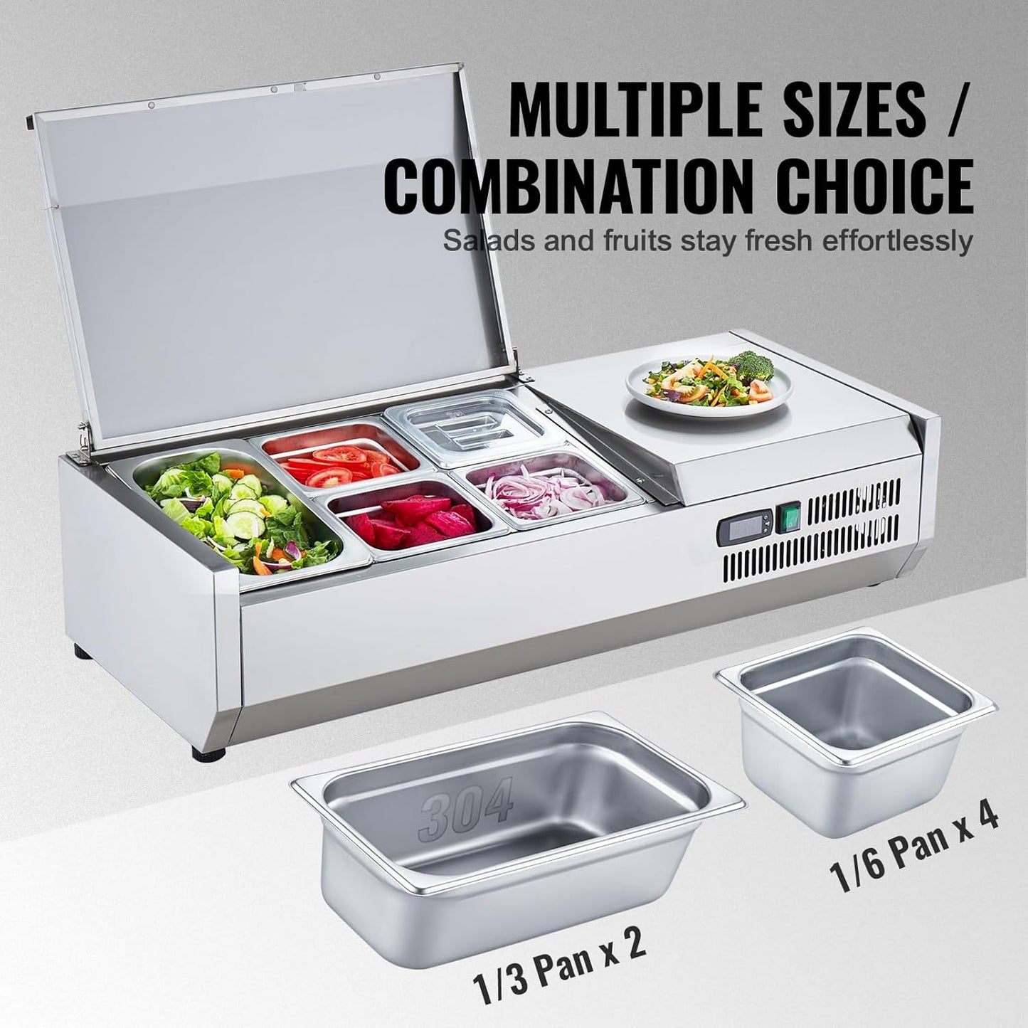 Refrigerated Condiment Prep Station, 135 W Countertop Refrigerated Condiment Station, with 2 1/3 Pans & 4 1/6 Pans, 304 Stainless Body and PC Lid, Sandwich Prep Table with Stainless Guard, ETL