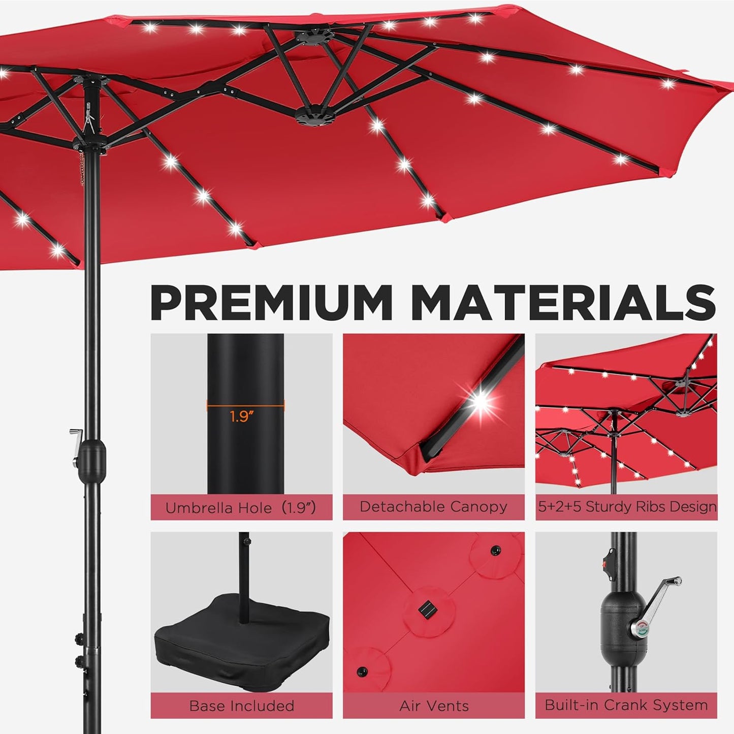 15 ft Large Patio Umbrella with Solar Lights Double-Sided Outdoor Rectangle Market Umbrellas with 36 LED Lights/Base Included/Easy Crank for Patio Garden Yard Pool Lawn, Brown