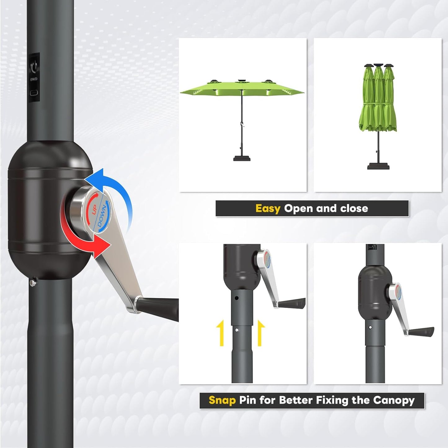 15ft Patio Umbrella with Solar Lights, Large Double Umbrella Outdoor, Rectangle 180''x106'' Umbrellas with 156 PCS LED Lights and Crank Handle for Backyard Deck Pool Shade in Black(1.9" Pole)