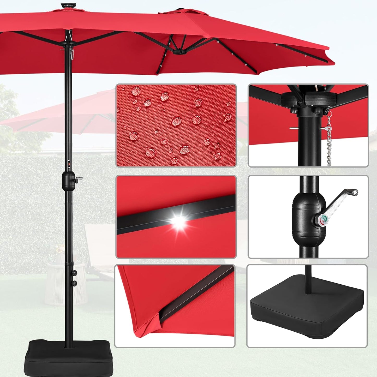 15 ft Large Patio Umbrella with Solar Lights Double-Sided Outdoor Rectangle Market Umbrellas with 36 LED Lights/Base Included/Easy Crank for Patio Garden Yard Pool Lawn, Brown