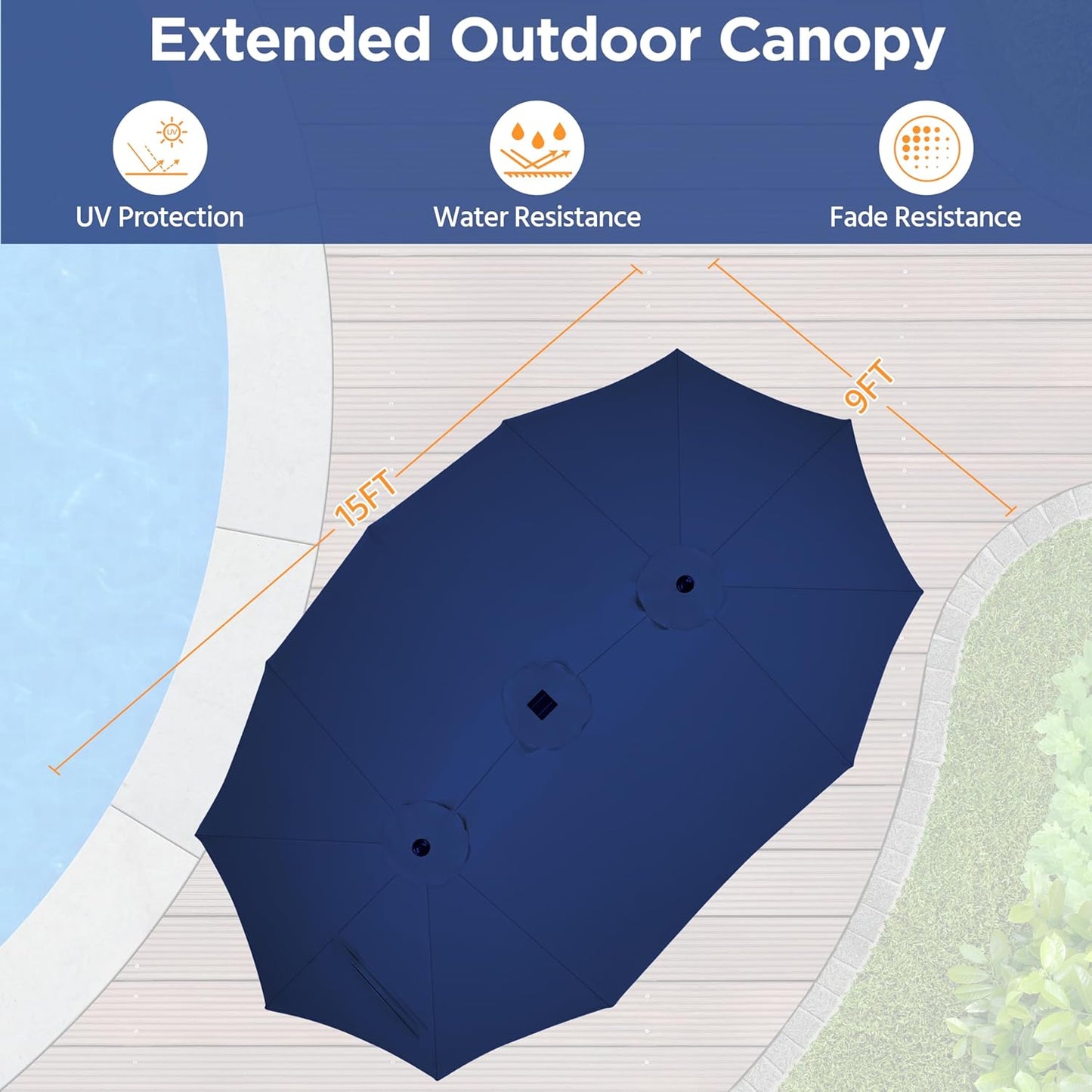 15 ft Large Patio Umbrella with Solar Lights Double-Sided Outdoor Rectangle Market Umbrellas with 36 LED Lights/Base Included/Easy Crank for Patio Garden Yard Pool Lawn, Brown
