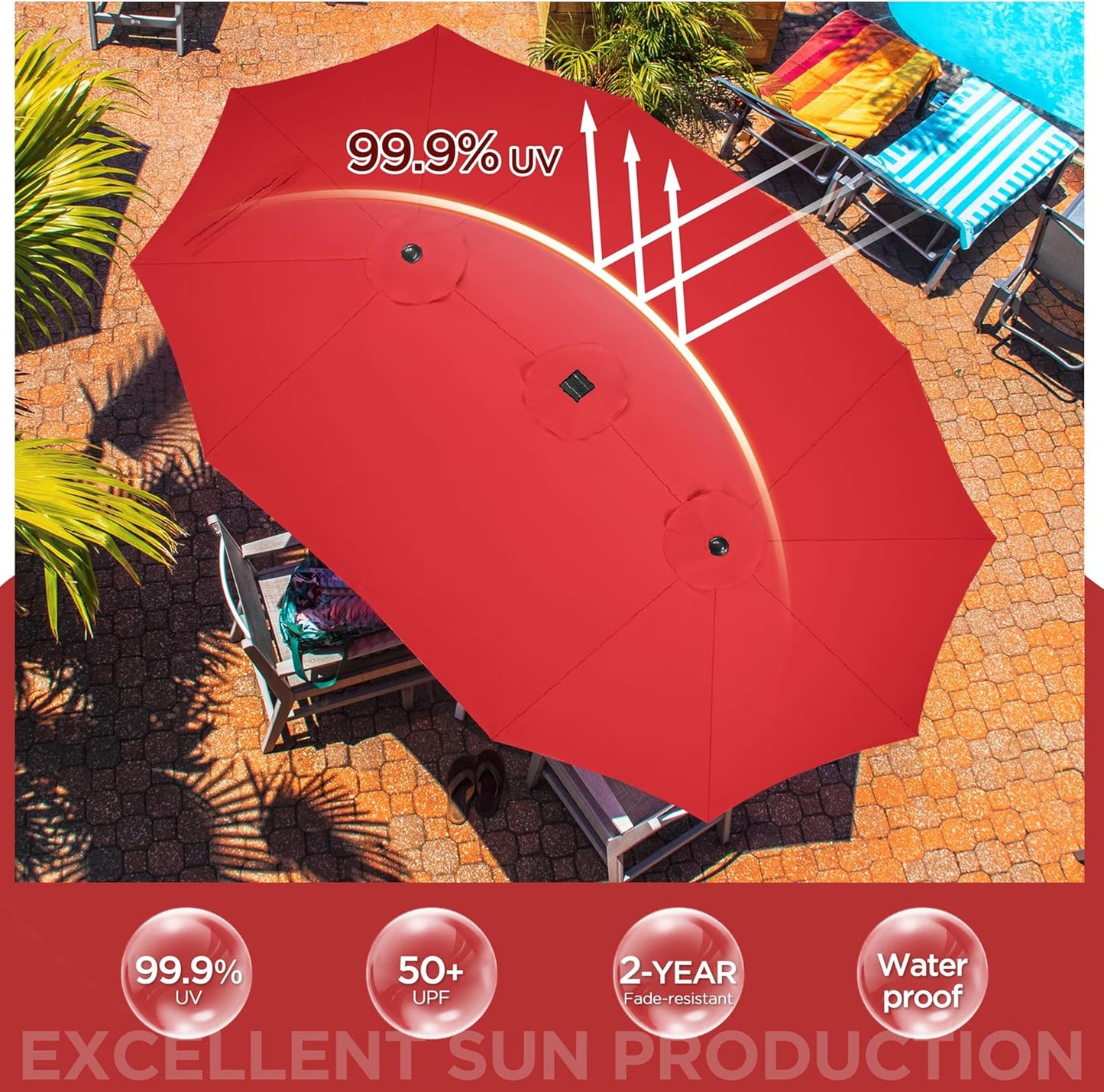15 ft Large Patio Umbrella with Solar Lights Double-Sided Outdoor Rectangle Market Umbrellas with 36 LED Lights/Base Included/Easy Crank for Patio Garden Yard Pool Lawn, Brown