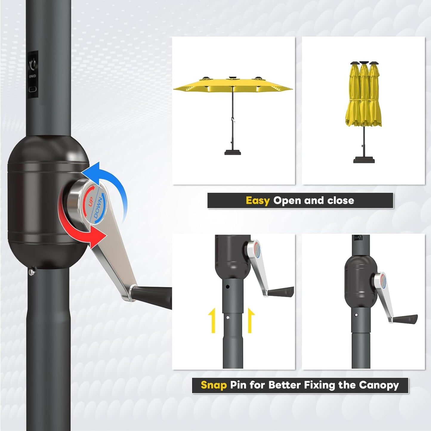 15ft Patio Umbrella with Solar Lights, Large Double Umbrella Outdoor, Rectangle 180''x106'' Umbrellas with 156 PCS LED Lights and Crank Handle for Backyard Deck Pool Shade in Black(1.9" Pole)