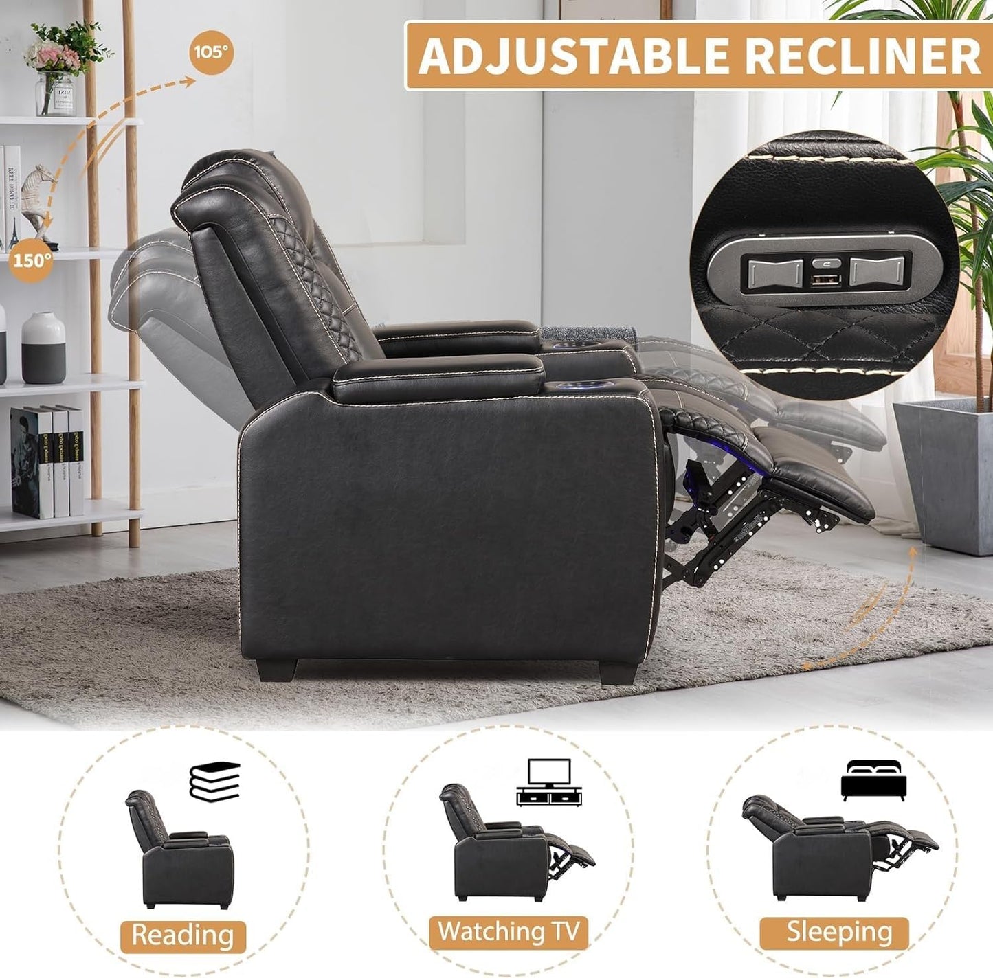 Power Home Theater Seating Set of 3, Brown Faux Leather Electric Recliner Chair with Powered Headrest, Dual Motors Movie Reclining Chairs with LED Lights,USB Port,Cup Holders, Hidden Arm Storage