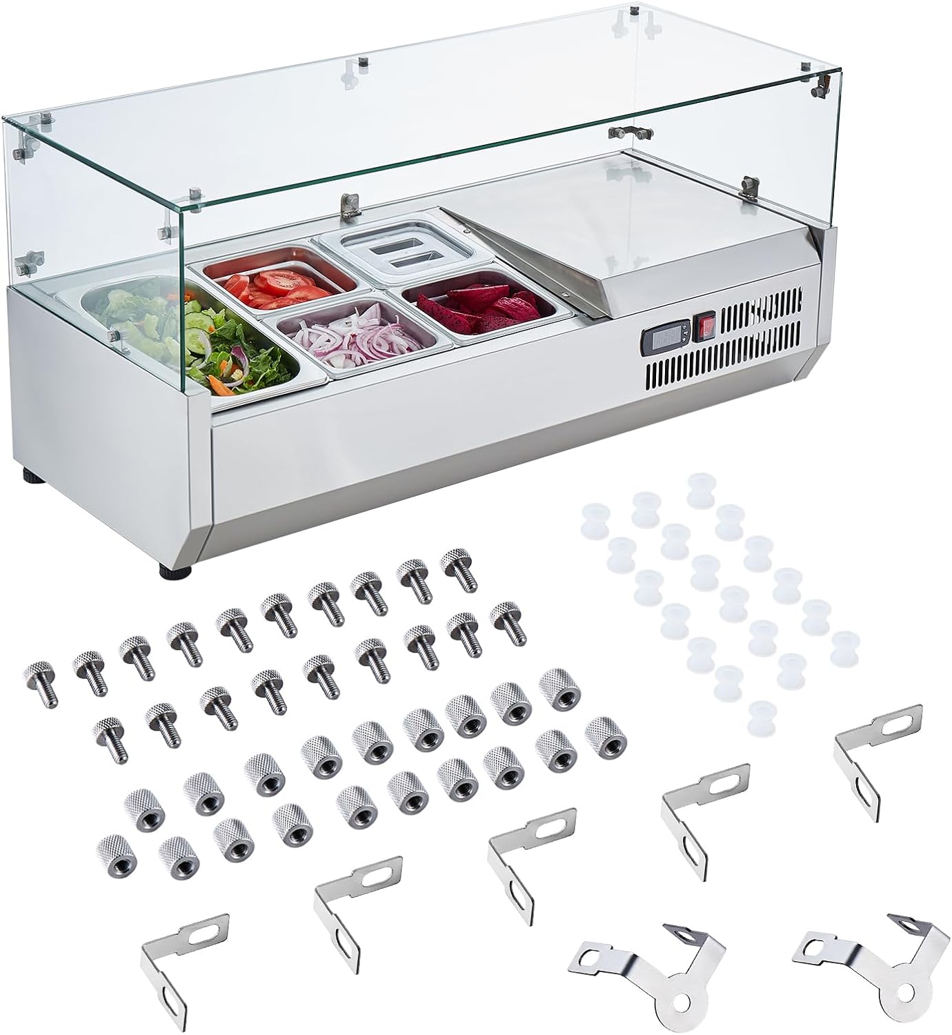 Refrigerated Condiment Prep Station, 135 W Countertop Refrigerated Condiment Station, with 2 1/3 Pans & 4 1/6 Pans, 304 Stainless Body and PC Lid, Sandwich Prep Table with Stainless Guard, ETL