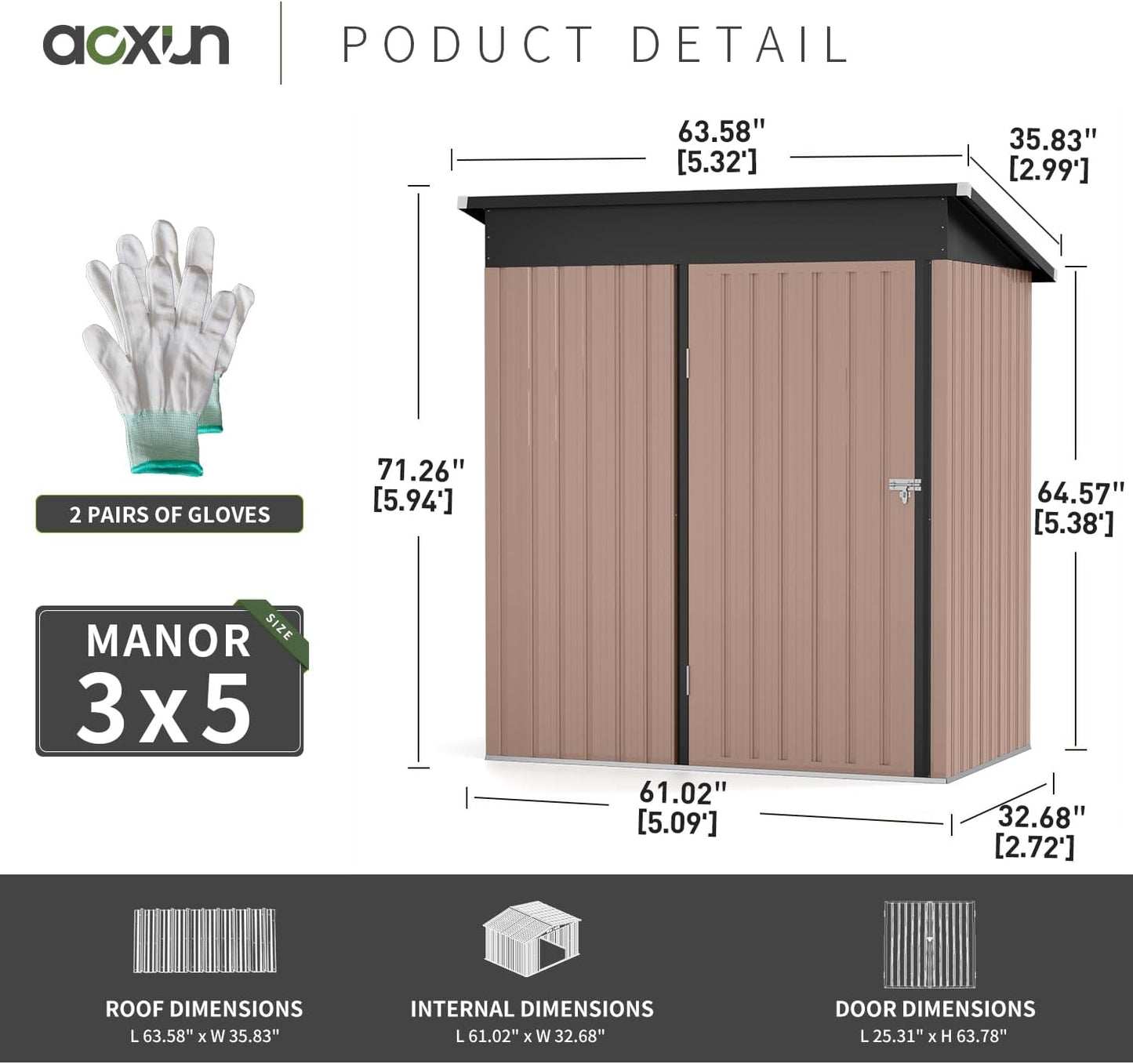 Aoxun 5x2.7 FT Outdoor Metal Storage Shed - Durable Water-Resistant Galvanized Steel, Sloping Roof Design, Lockable Door - Ideal for Tool Storage on Lawn, Patio & Backyard (Black)