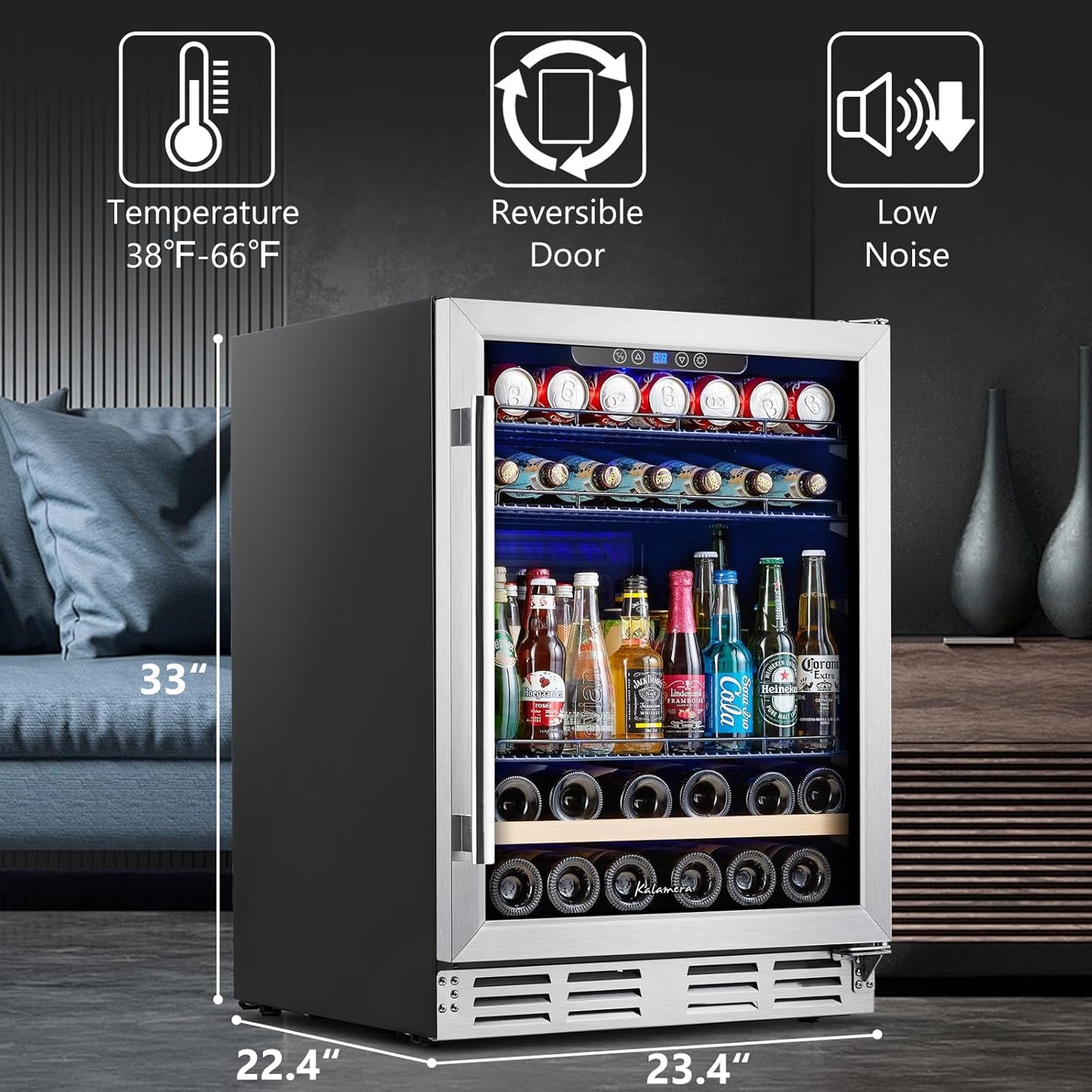 24 inch Wine Cooler, 46 Bottle - Dual Zone Built-in or Freestanding Fridge with Stainless Steel Reversible Glass Door, for Home, Kitchen, or Office.