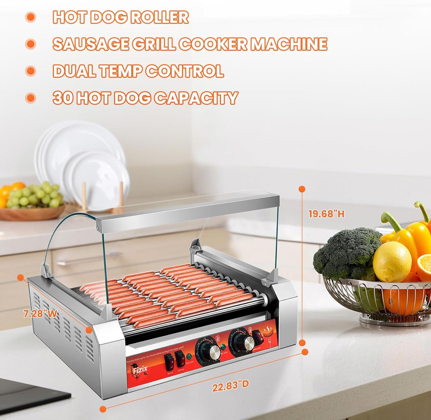 1670W Commercial Hot Dog Rollers,11 Rollers 30 Hotdog Roller Grill,Stainless Steel Hot Dog Machine With Dust Cover,Hot Dog Roller Machine With Dual Temp Control And Led Light/Detachable Drip Tray