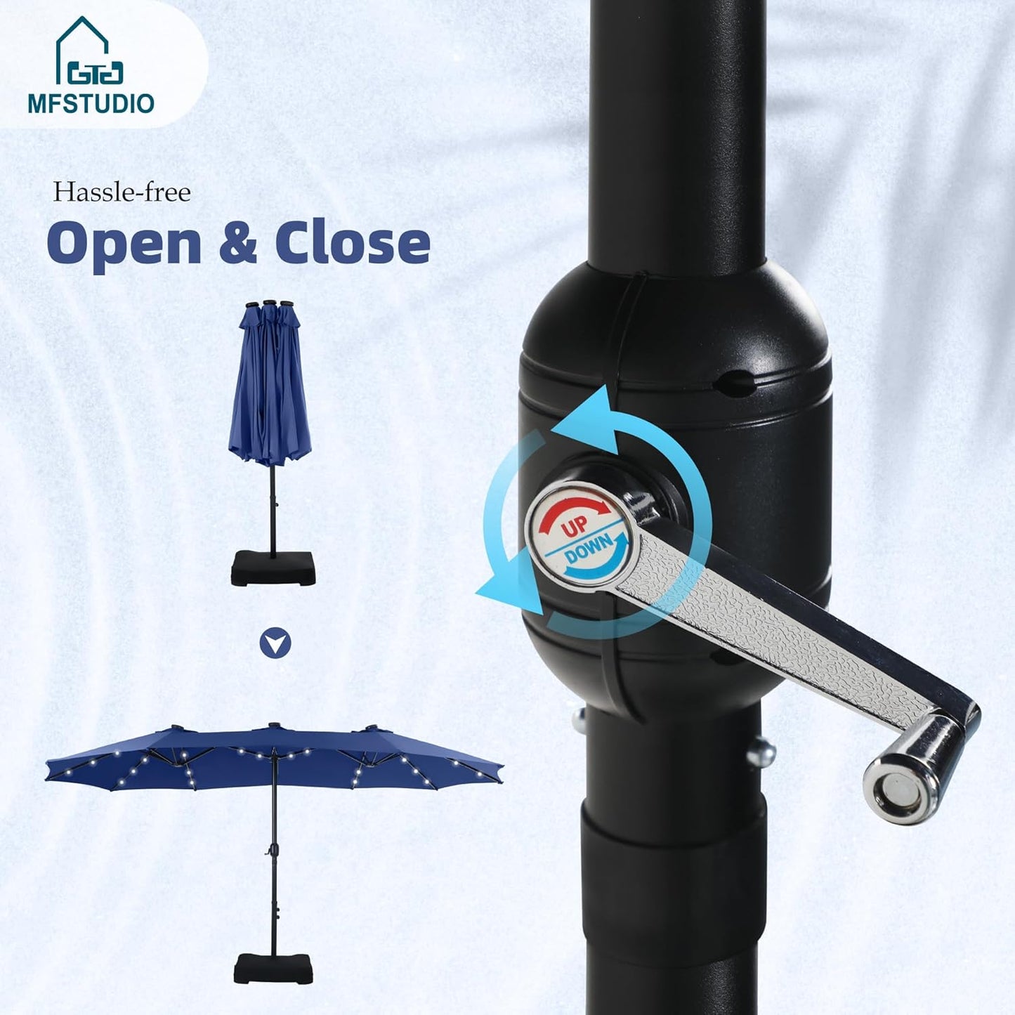 15ft Double Sided Patio Umbrella with Solar Lights, Outdoor Large Umbrellas with Crank Handle and 36 LED Lights, Rectangular Market Umbrella with Base Included for Deck Pool Shade
