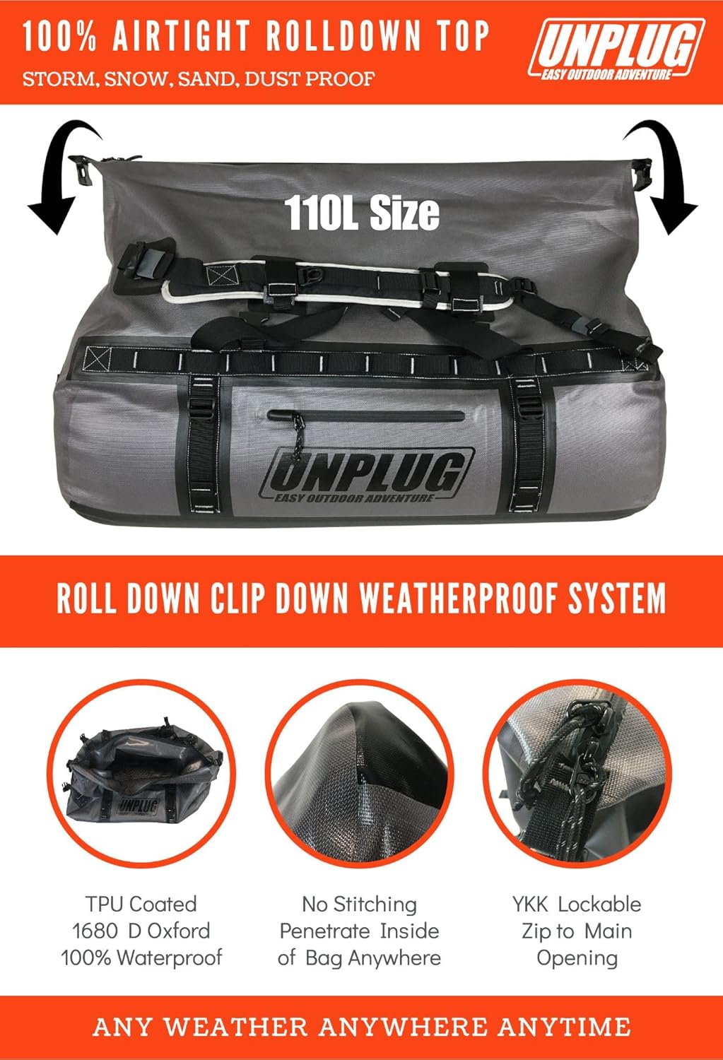 UNPLUG Ultimate Adventure Bag -1680D Heavy Duty Waterproof Travel Duffel Bags for Camping, Motorcycle Dry Bag, Waterproof Bags for Boating, Waterproof Duffle Backpack,Tactical Duffle Bag