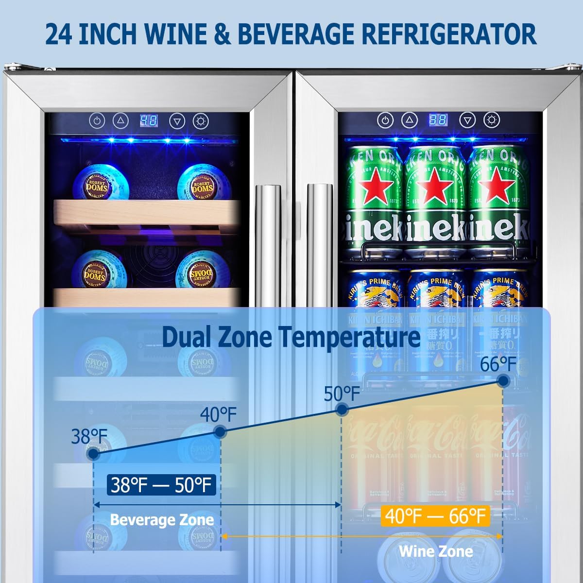 24 inch Wine Cooler, 46 Bottle - Dual Zone Built-in or Freestanding Fridge with Stainless Steel Reversible Glass Door, for Home, Kitchen, or Office.