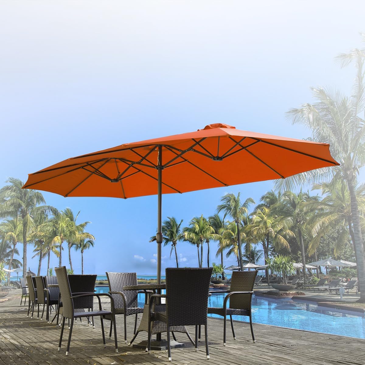 15ft Patio Umbrella with Solar Lights, Large Double Umbrella Outdoor, Rectangle 180''x106'' Umbrellas with 156 PCS LED Lights and Crank Handle for Backyard Deck Pool Shade in Black(1.9" Pole)