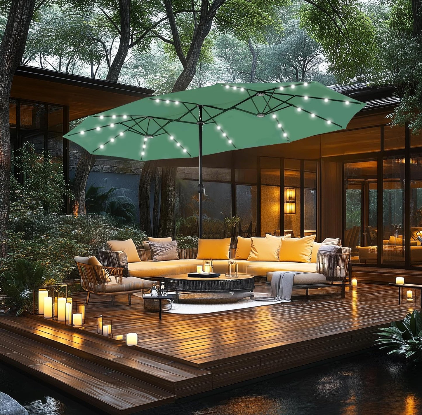 15ft Double Sided Patio Umbrella with Solar Lights, Outdoor Large Umbrellas with Crank Handle and 36 LED Lights, Rectangular Market Umbrella with Base Included for Deck Pool Shade