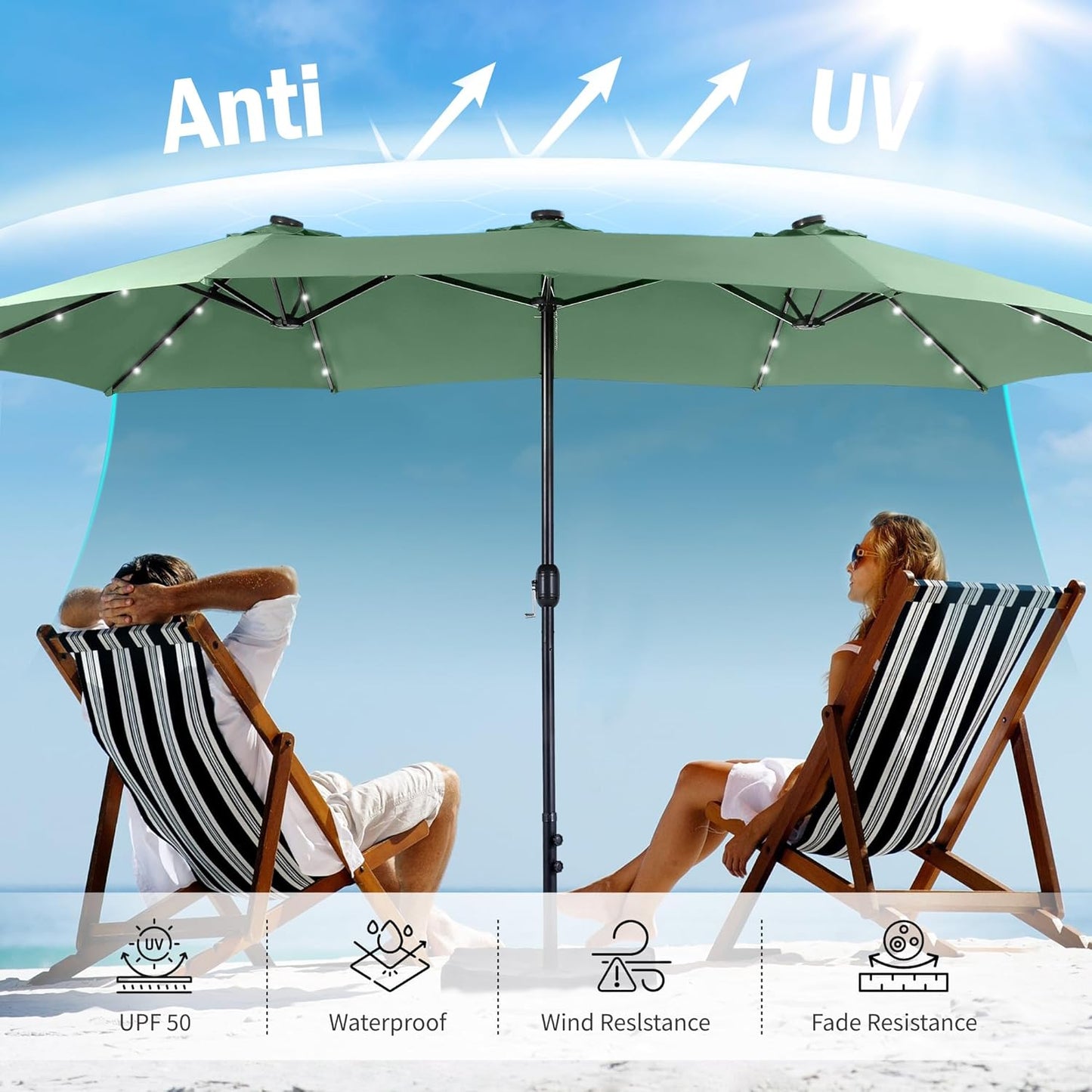 15ft Double Sided Patio Umbrella with Solar Lights, Outdoor Large Umbrellas with Crank Handle and 36 LED Lights, Rectangular Market Umbrella with Base Included for Deck Pool Shade