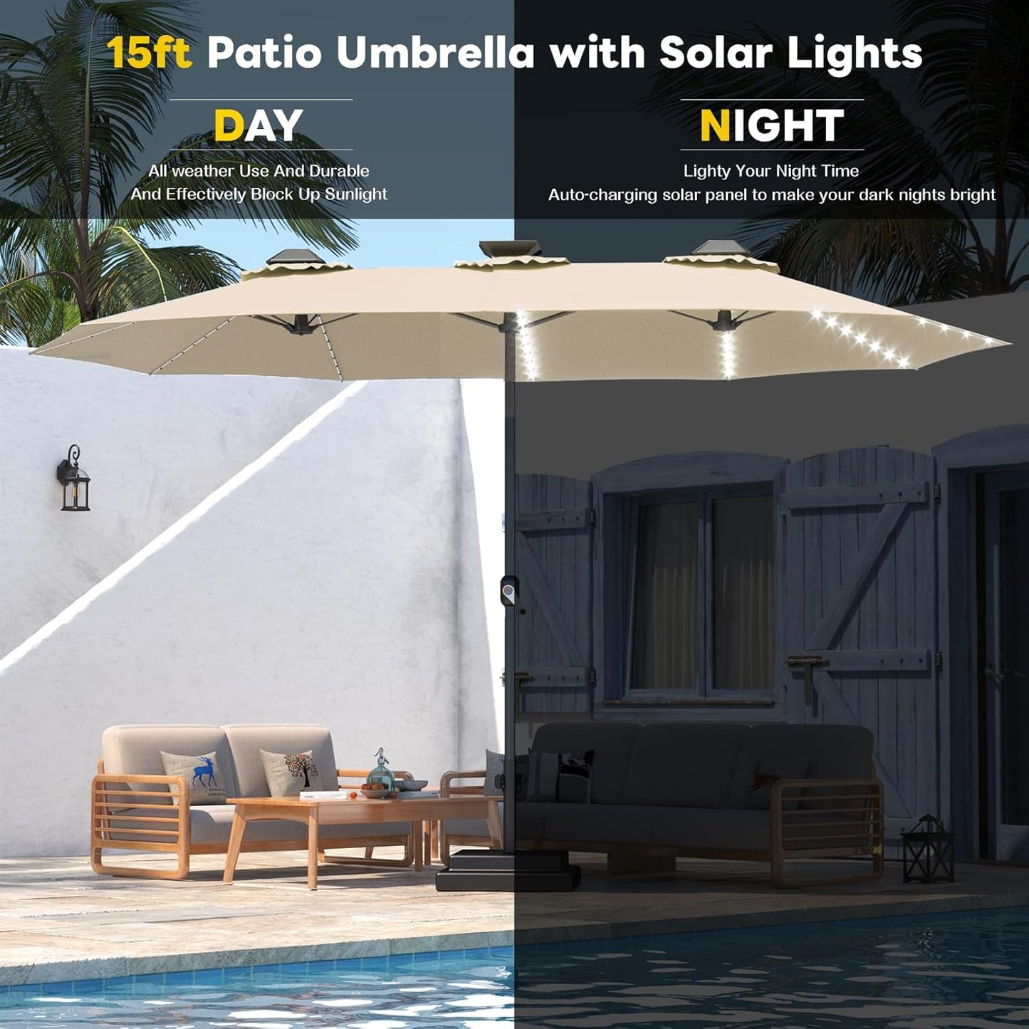 15ft Patio Umbrella with Solar Lights, Large Double Umbrella Outdoor, Rectangle 180''x106'' Umbrellas with 156 PCS LED Lights and Crank Handle for Backyard Deck Pool Shade in Black(1.9" Pole)