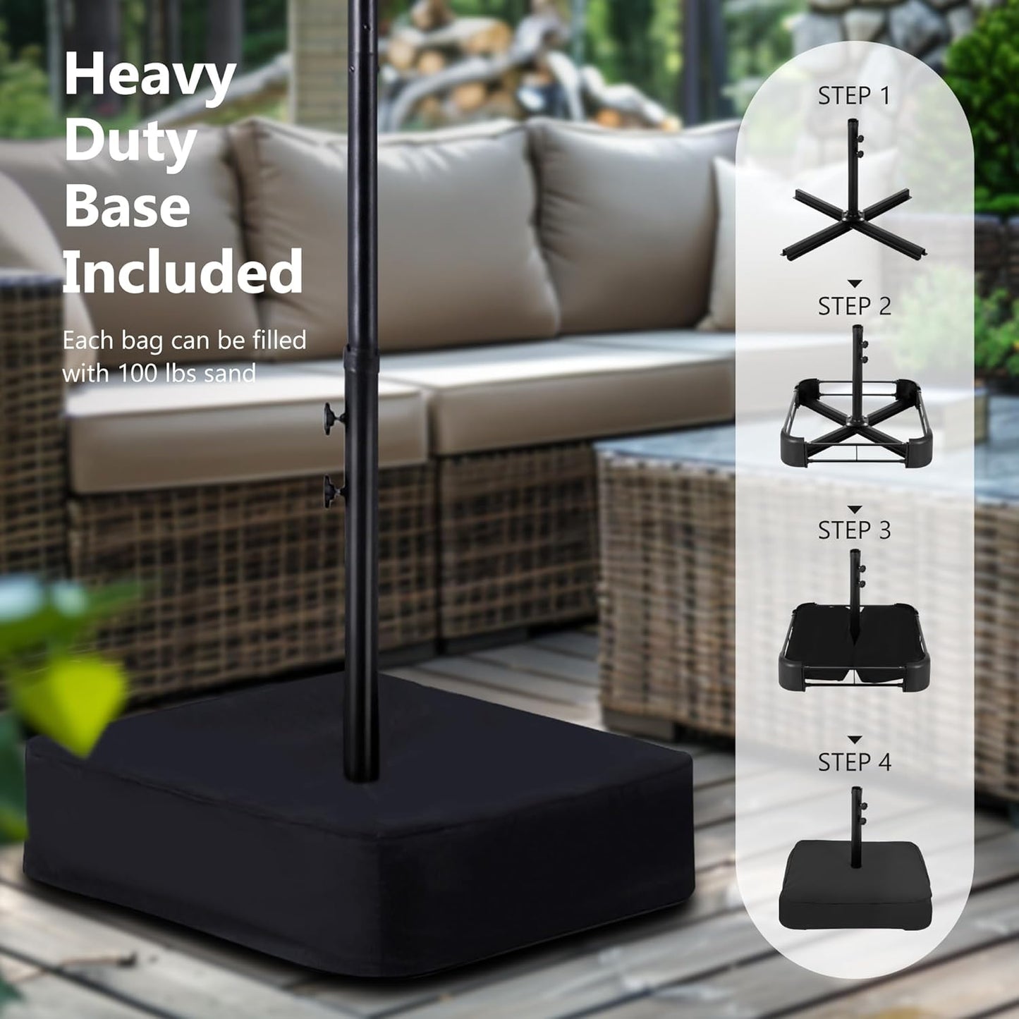 15ft Double Sided Patio Umbrella with Solar Lights, Outdoor Large Umbrellas with Crank Handle and 36 LED Lights, Rectangular Market Umbrella with Base Included for Deck Pool Shade
