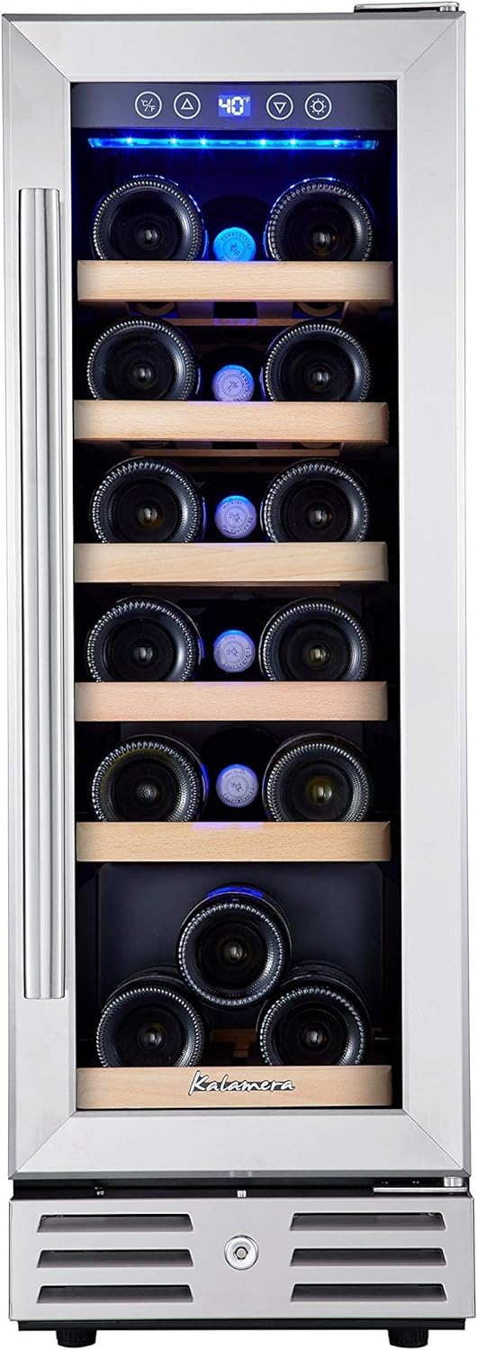 24 inch Wine Cooler, 46 Bottle - Dual Zone Built-in or Freestanding Fridge with Stainless Steel Reversible Glass Door, for Home, Kitchen, or Office.