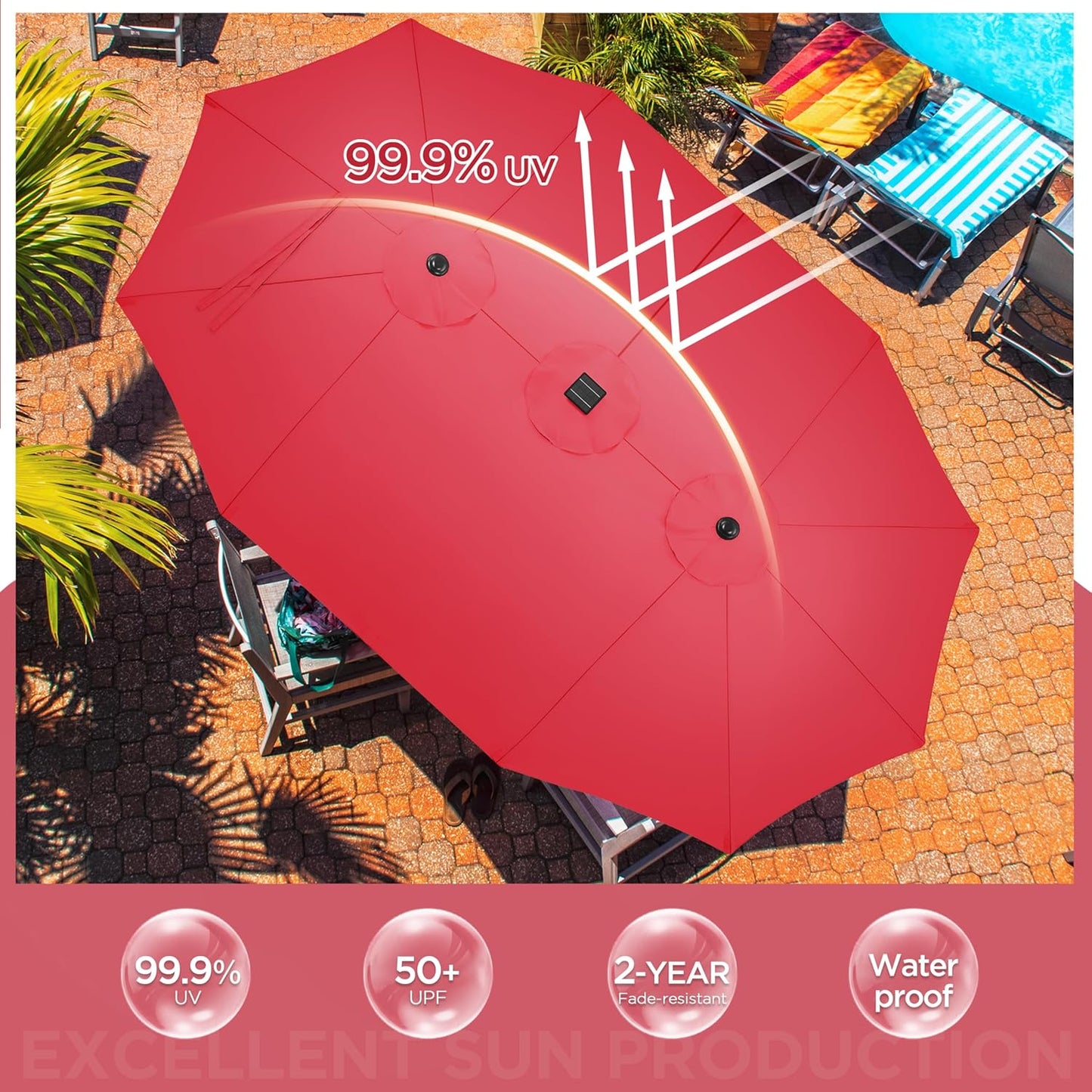 15 ft Large Patio Umbrella with Solar Lights Double-Sided Outdoor Rectangle Market Umbrellas with 36 LED Lights/Base Included/Easy Crank for Patio Garden Yard Pool Lawn, Brown