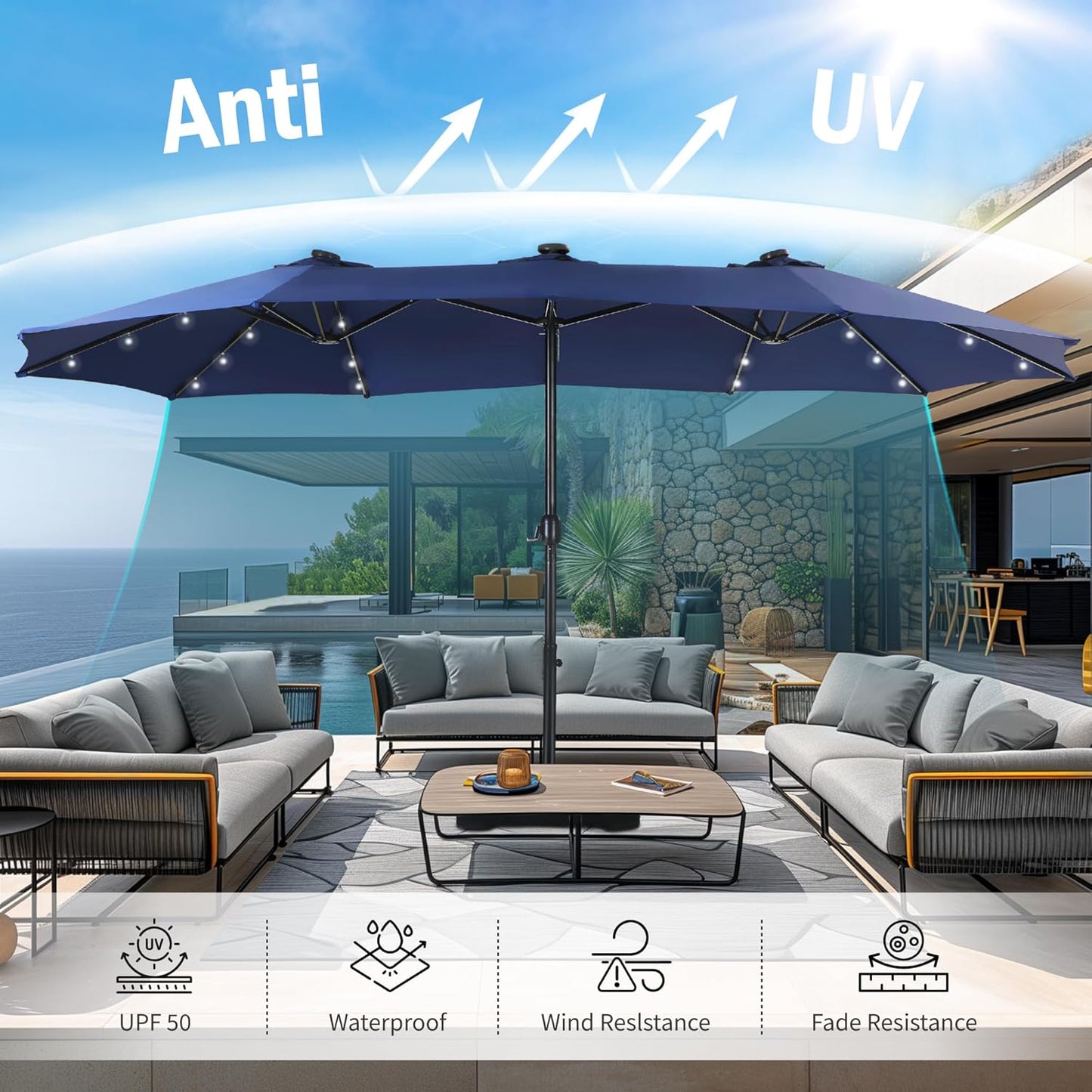 15ft Double Sided Patio Umbrella with Solar Lights, Outdoor Large Umbrellas with Crank Handle and 36 LED Lights, Rectangular Market Umbrella with Base Included for Deck Pool Shade
