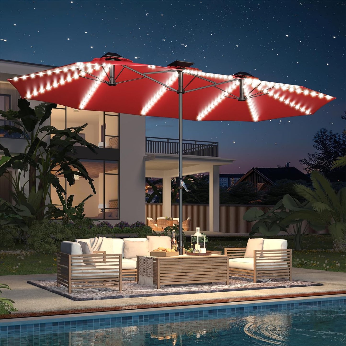 15ft Patio Umbrella with Solar Lights, Large Double Umbrella Outdoor, Rectangle 180''x106'' Umbrellas with 156 PCS LED Lights and Crank Handle for Backyard Deck Pool Shade in Black(1.9" Pole)