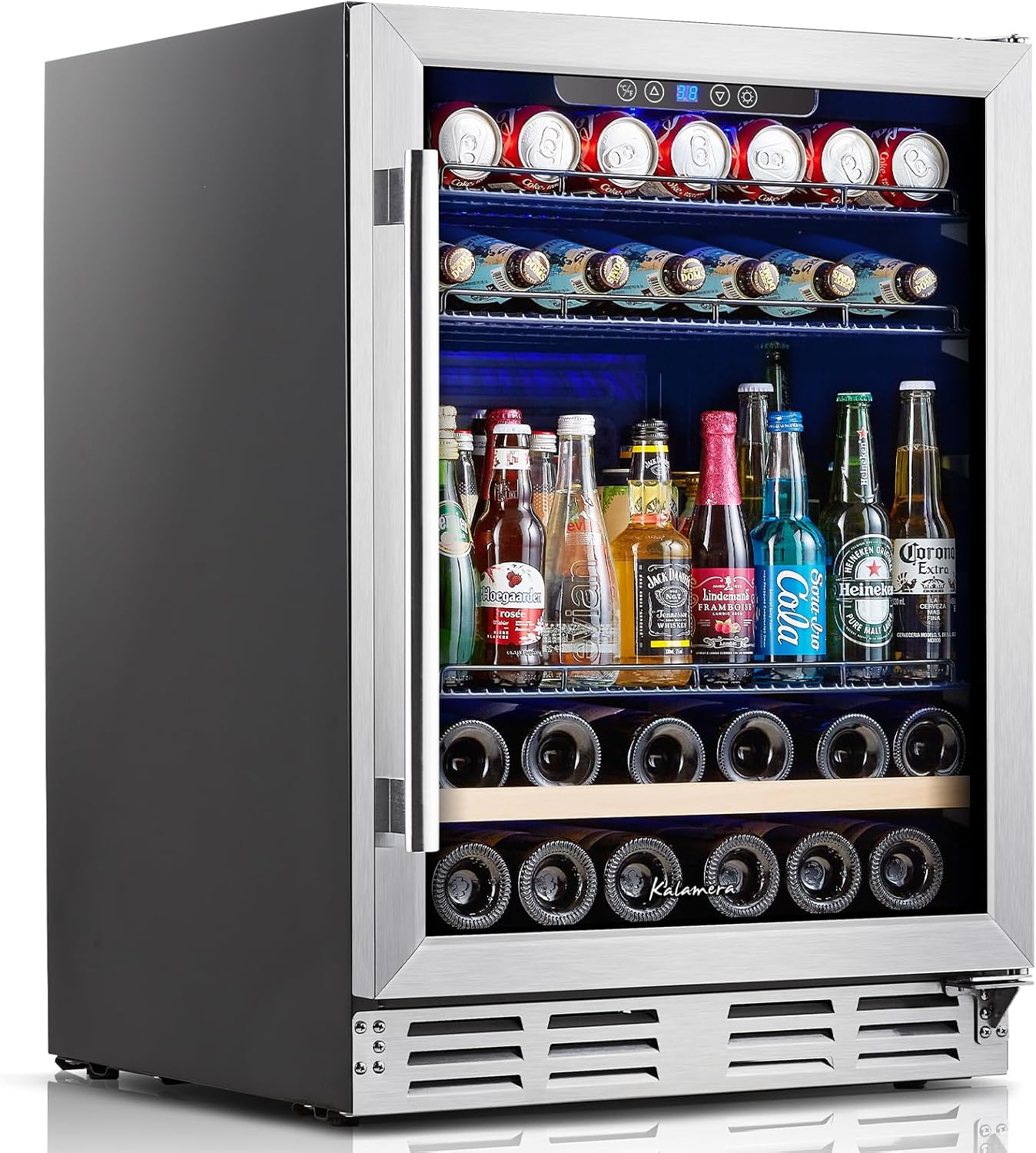 24 inch Wine Cooler, 46 Bottle - Dual Zone Built-in or Freestanding Fridge with Stainless Steel Reversible Glass Door, for Home, Kitchen, or Office.