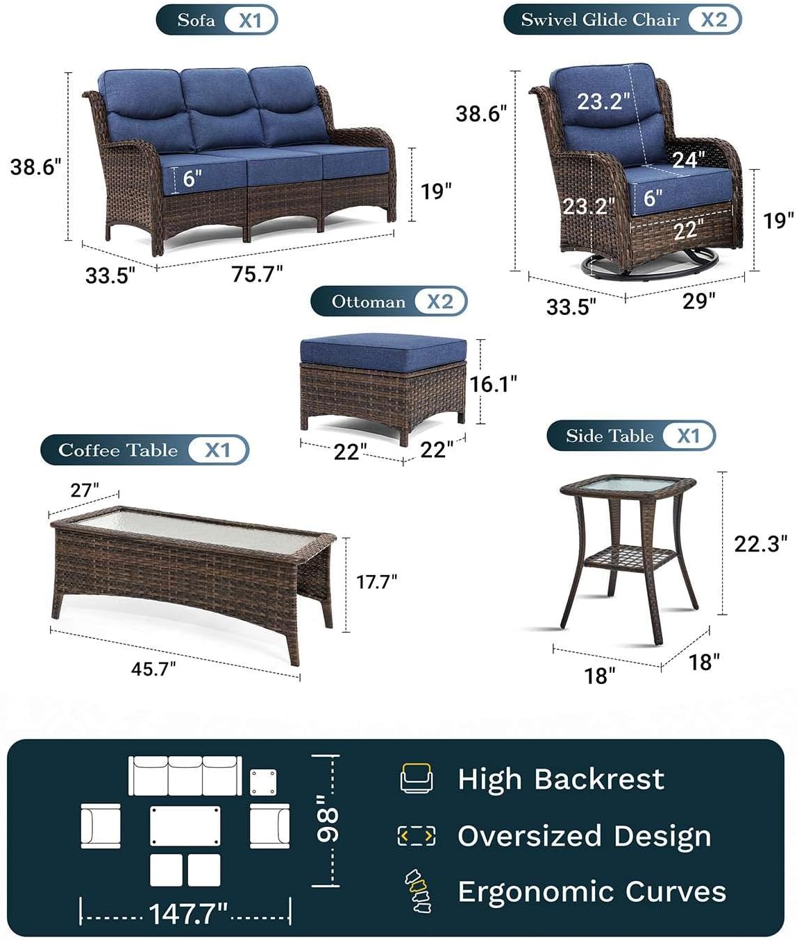 Outdoor Swivel Rocker Patio Chairs with 6-Inch Thick Cushions and Side Table, 3PCS High Back Wicker Patio Furniture Set for Porch, Balcony, Deck and Yard in Blue